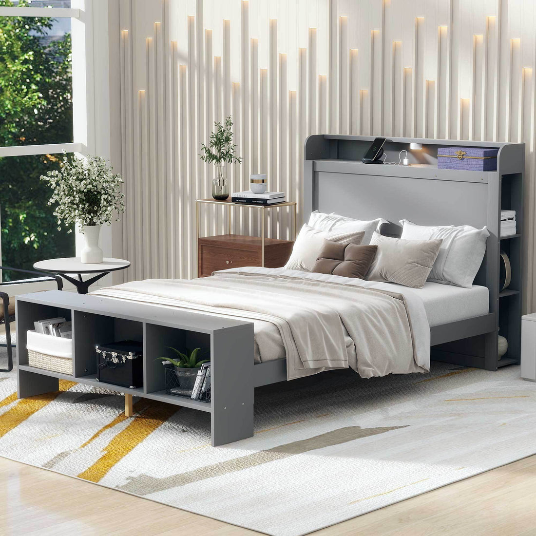 Full Size Platform Bed With Built In Shelves, Led Light And Usb Ports, Gray Gray Mdf Lvl