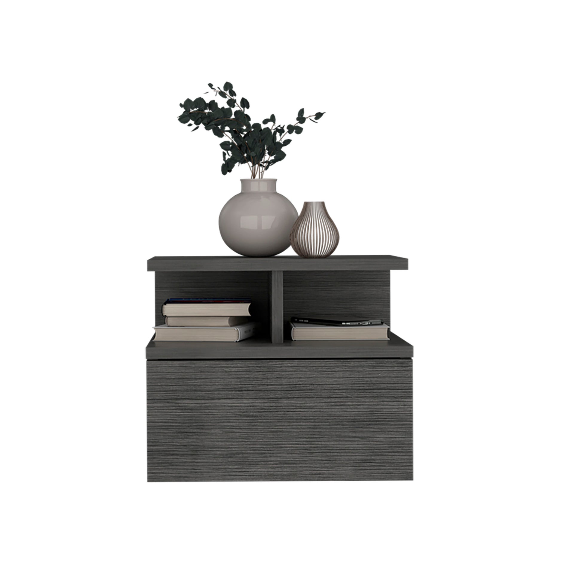 Floating Nightstand 12"H, Wall Mounted With Single Drawer And 2 Tier Shelf, Smokey Oak Oak Particle Board Pine