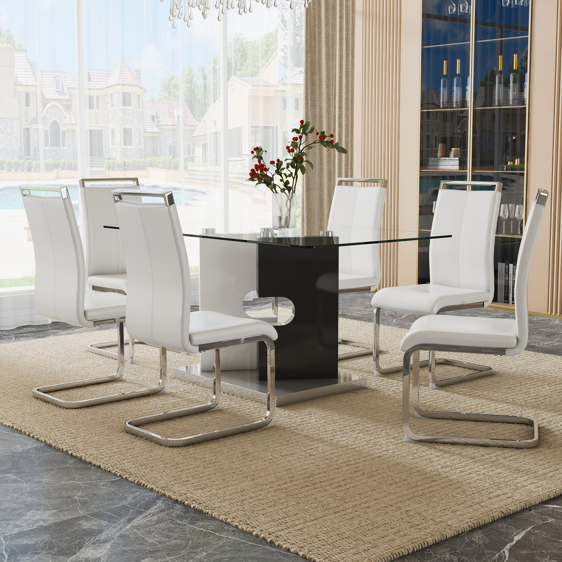 Large Modern Minimalist Rectangular 0.31 "Thick Tempered Glass Dining Table, Suitable For 6 8 People. 6 Pu Synthetic Leather High Backbone Cushioned Side Chairs With C Shaped Silver Metal Legs. C 1162 White Mdf Glass