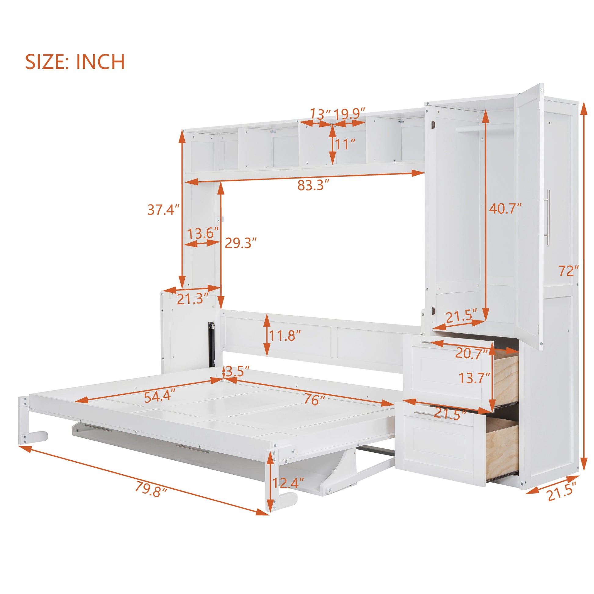 Full Size Murphy Bed Wall Bed With Closet And Drawers,White White Mdf Lvl