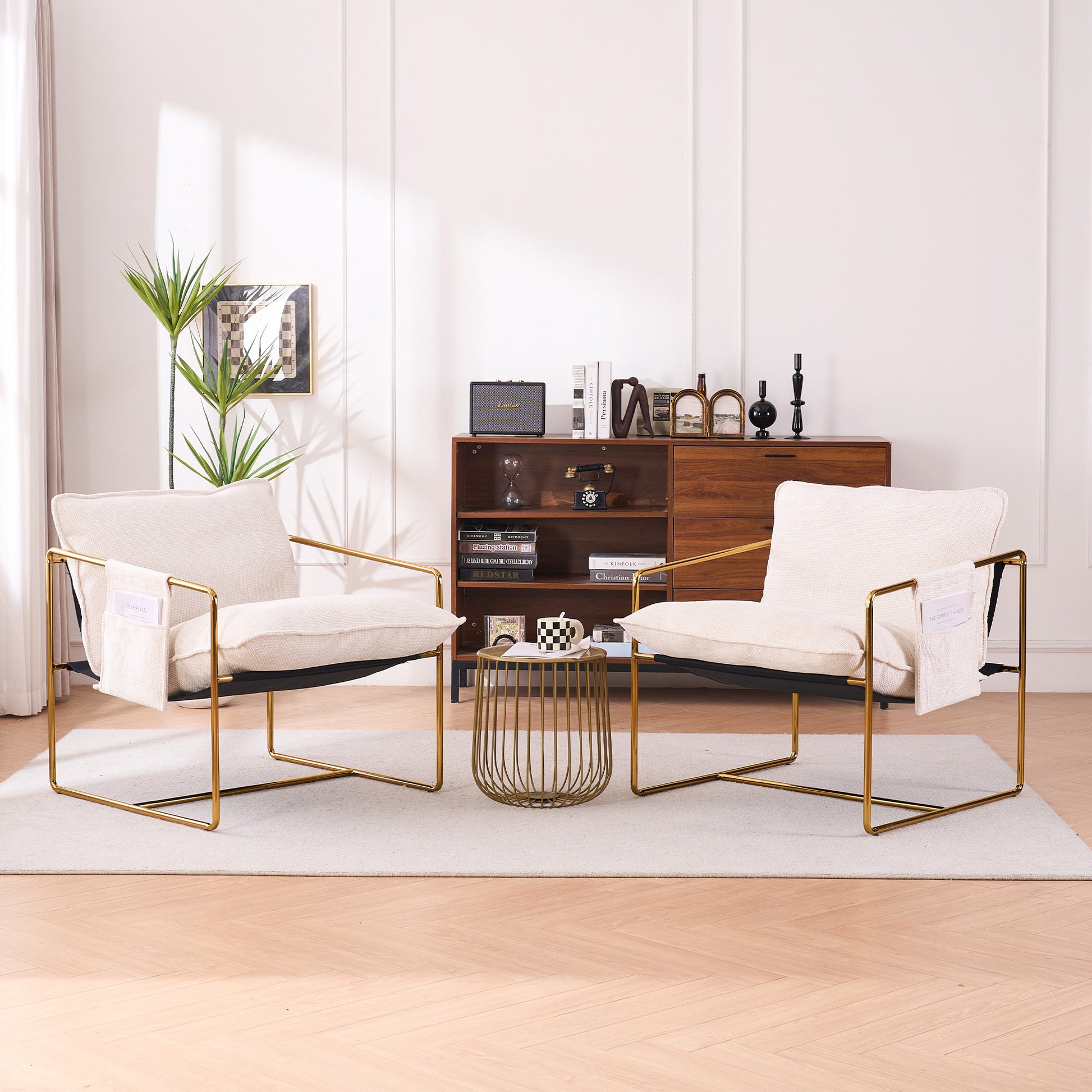 2 Chairs In 1 Box, Upholstered Hanging Armchair With Arm Pocketsmetal Frame, Gold Plated Craftsman, Crushed Foam Cushions And Skin Friendly Woven Fabric For Living Room And Bedroom. Beige Beige Metal
