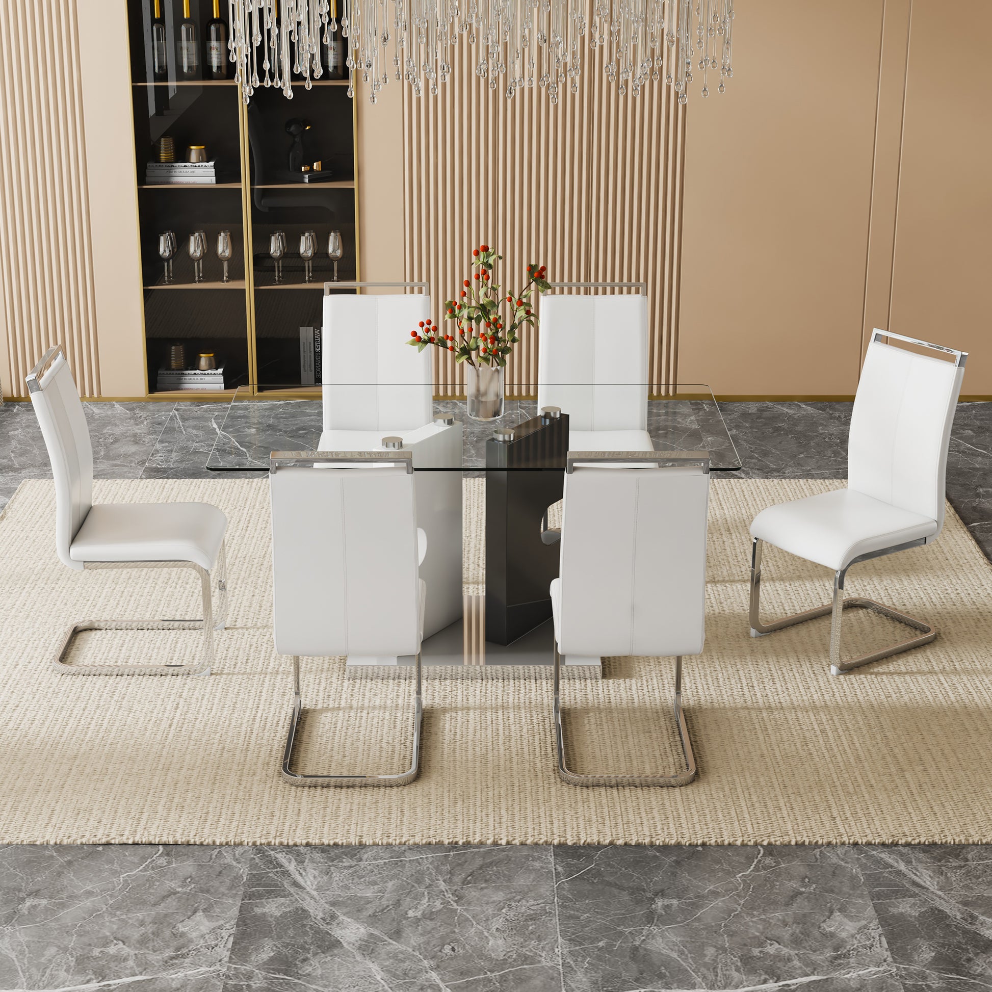 Large Modern Minimalist Rectangular 0.31 "Thick Tempered Glass Dining Table, Suitable For 6 8 People. 6 Pu Synthetic Leather High Backbone Cushioned Side Chairs With C Shaped Silver Metal Legs. C 1162 White Mdf Glass