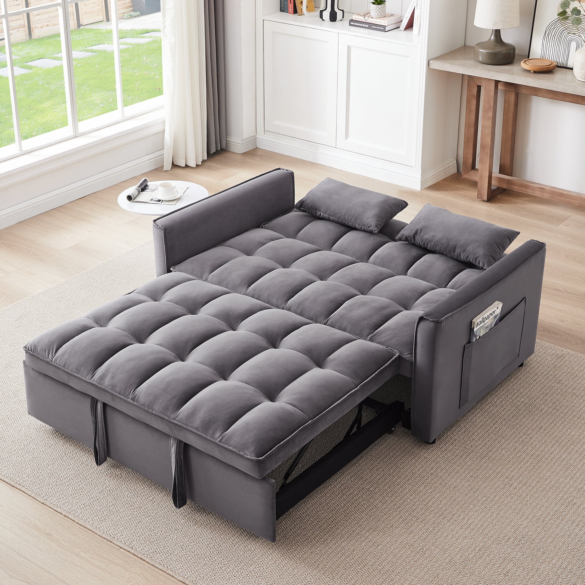 55.1 Inch 3 In 1 Convertible Sofa Bed, Modern Velvet Double Sofa Futon Sofa Bed With Adjustable Back, Storage Bag And Pillow, For Living Room, Bedroom Dark Grey Dark Grey Metal & Wood 2 Seat