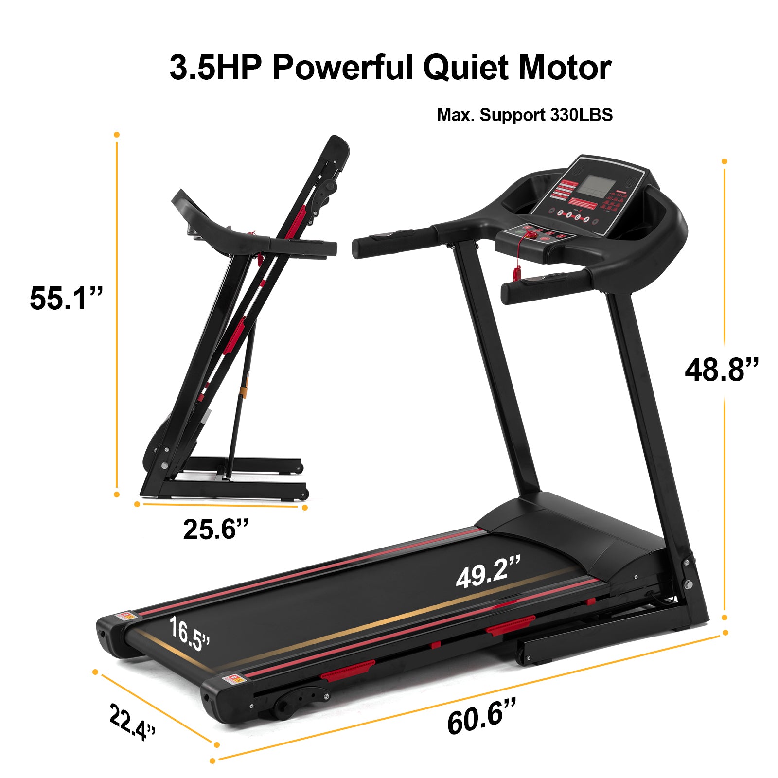 Fyc Folding Treadmill For Home 330 Lbs Weight Capacity Running Machine With Incline Bluetooth, 3.5Hp 16Km H Max Speed Foldable Electric Treadmill Easily Assembly, Home Gym Workout Exercise Black Steel