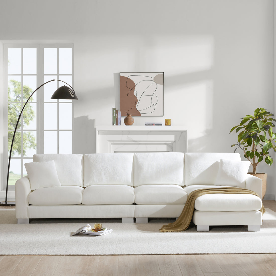 119*55" Modern Oversized Sectional Sofa,L Shaped Luxury Couch Set With 2 Free Pillows,5 Seat Chenille Indoor Furniture With Chaise For Living Room,Apartment,Office,2 Colors White Chenille