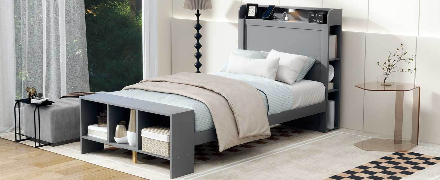 Twin Size Platform Bed With Built In Shelves, Led Light And Usb Ports, Gray Gray Mdf Lvl