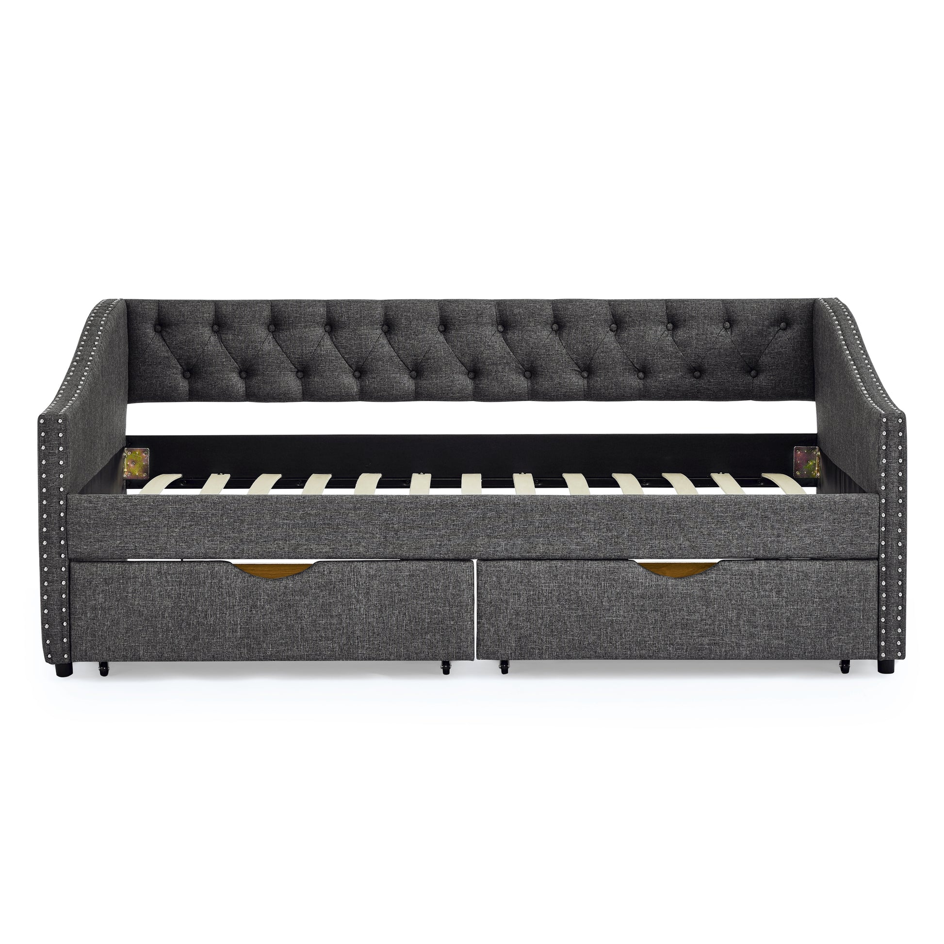 Twin Size Daybed With Drawers Upholstered Tufted Sofa Bed, With Button On Back And Copper Nail On Waved Shape Arms 81.5''X4''X30.5'' Dark Grey Linen