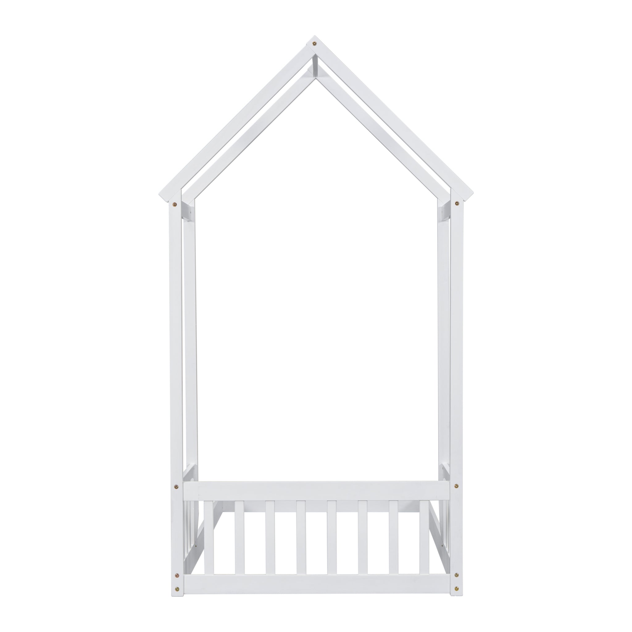 Twin House Shaped Roof Headboard Floor Bed, Without Slats ,White Twin White American Design Pine