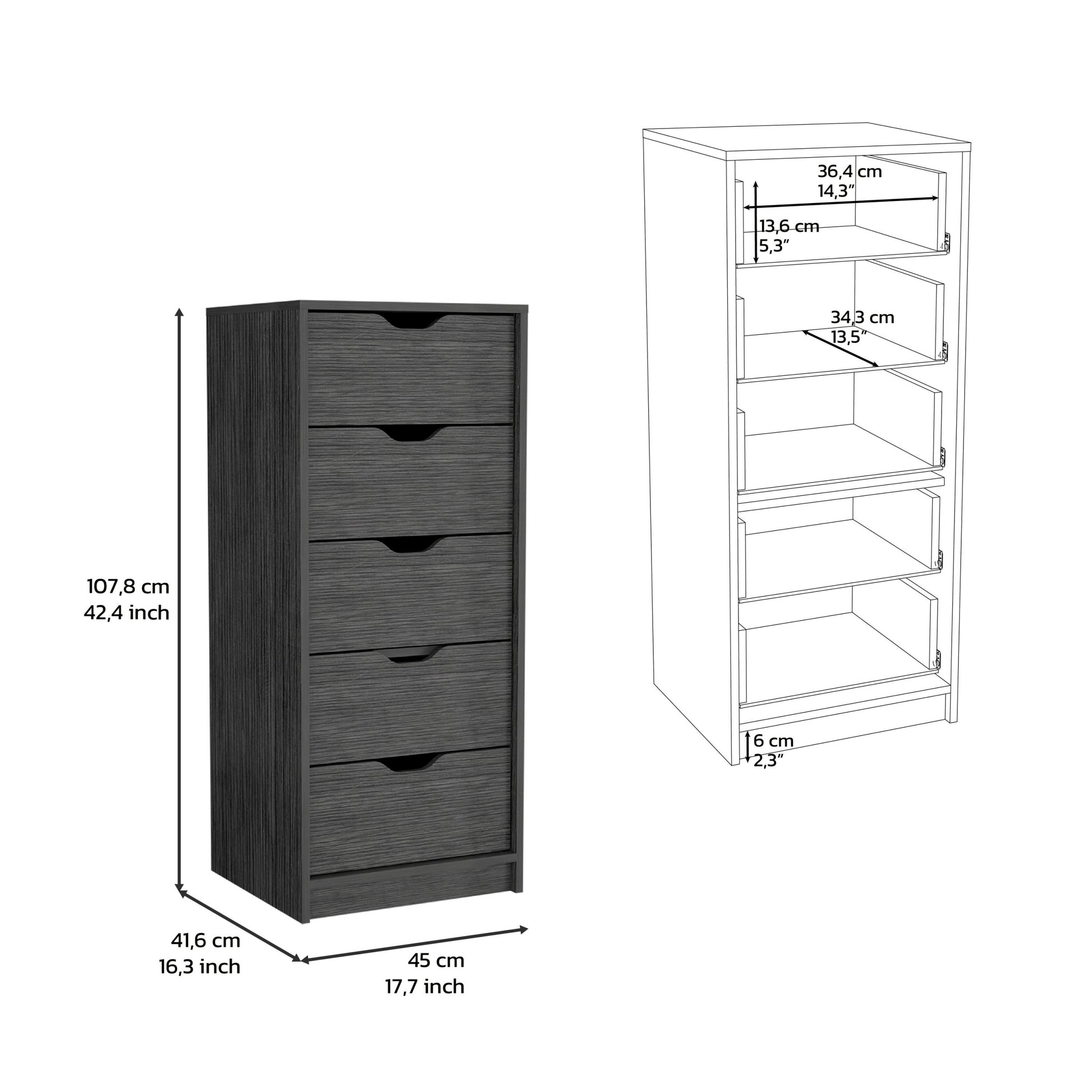 Dresser 42H" 5 Drawers Narrow Dresser, Slim Storage Chest Of Drawers, Bedroom, Smokey Oak Oak Particle Board Pine