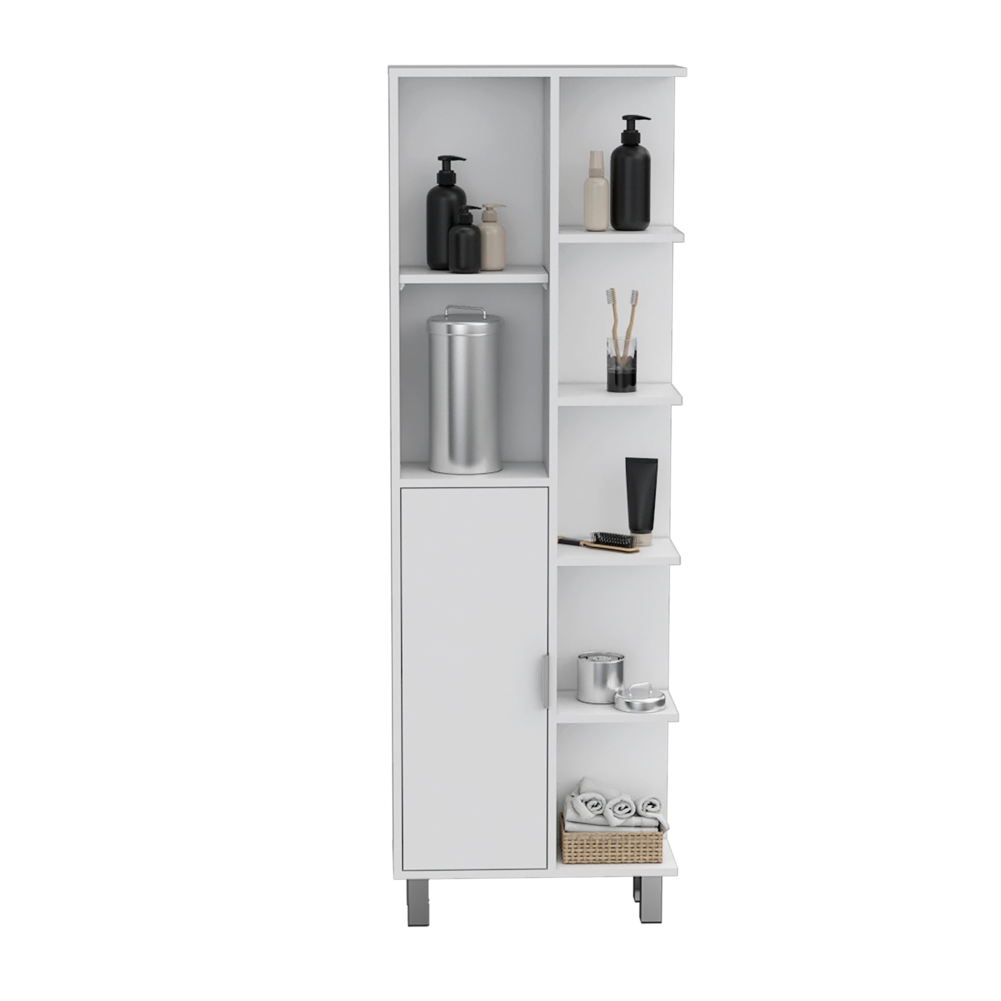 Depot E Shop Mott 63" H Linen Bathroom Cabinet With Seven Open Shelves, One Drawer And Four Legs,White White Particle Board Pine