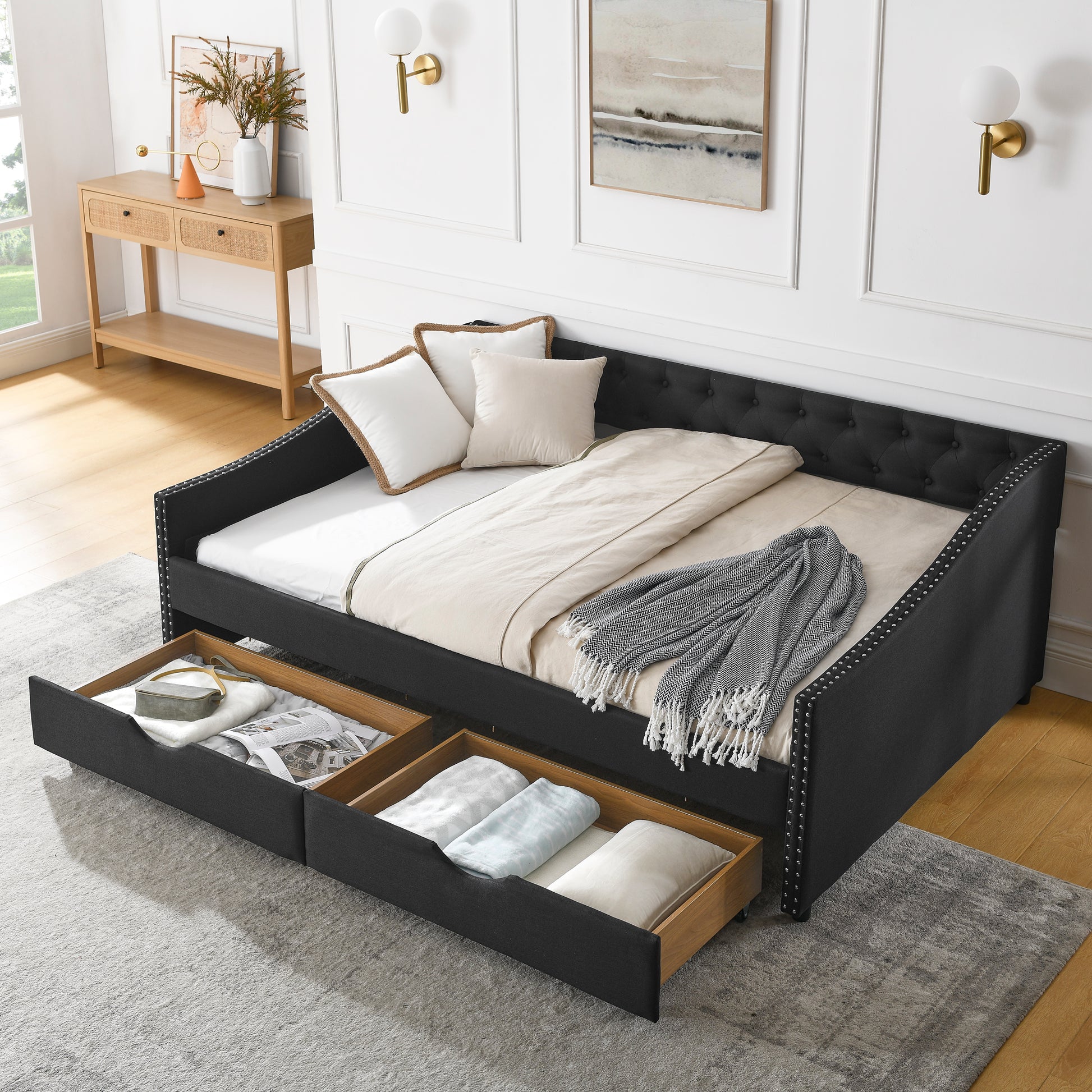 Full Size Daybed With Drawers Upholstered Tufted Sofa Bed, With Button On Back And Copper Nail On Waved Shape Arms 80.5''X55.5''X27.5'' Black Linen