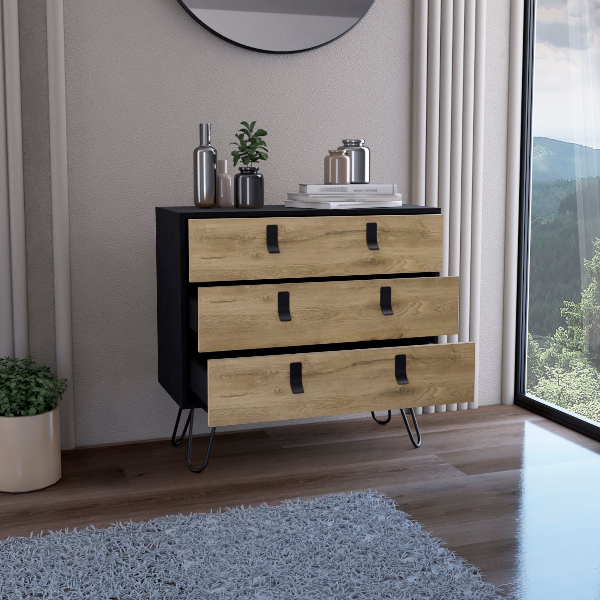 Kimball Hairpin Legs Dresser With 3 Drawers And Modern Design Multicolor Particle Board Engineered Wood