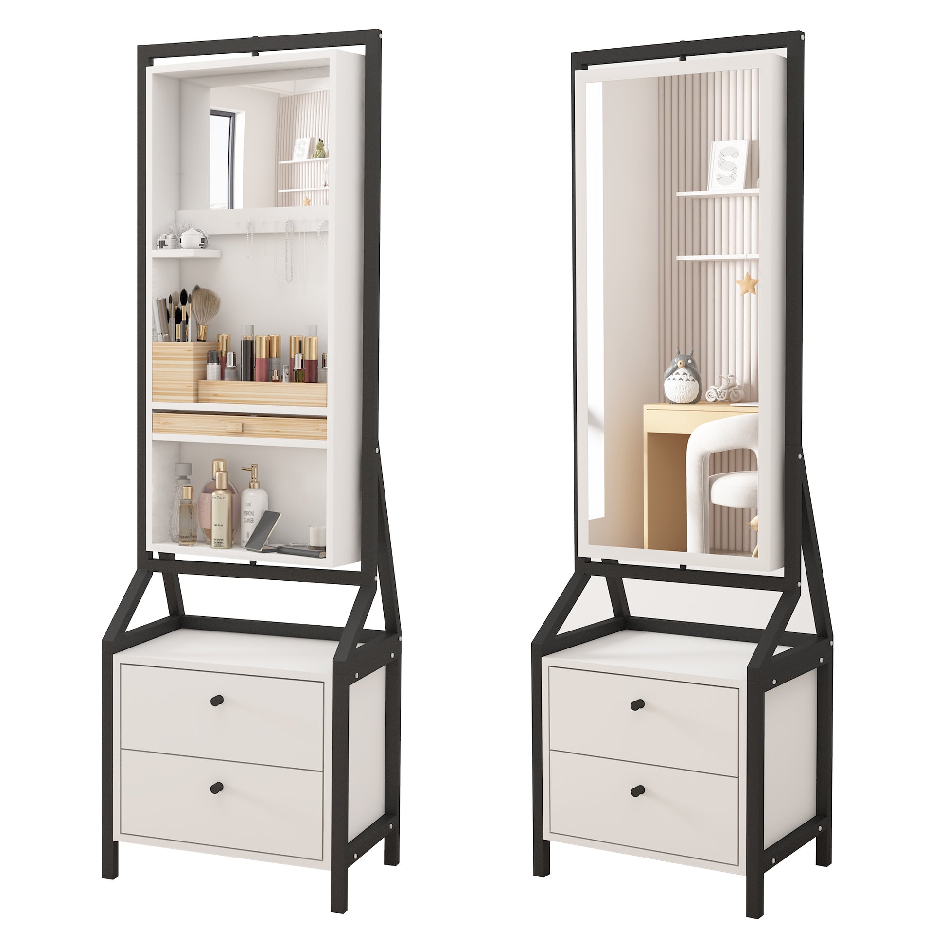 360 Swivel Jewelry Armoire & Makeup Mirror Cabinet With 2 Bottom Drawer, Rotates Freely, Spacious Storage Area, Hand Painted & Artisan White Finish White Modern Mdf