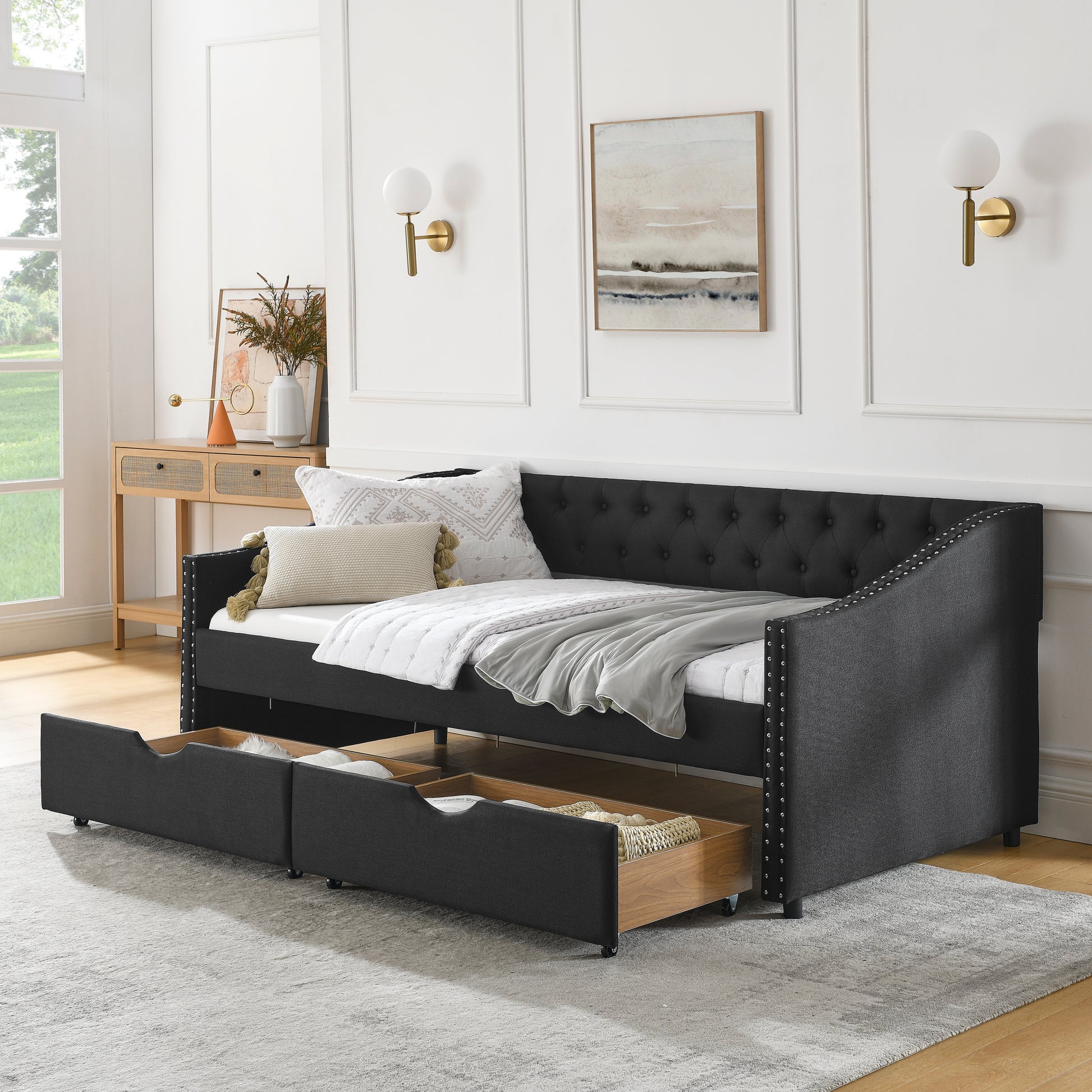 Twin Size Daybed With Drawers Upholstered Tufted Sofa Bed, With Button On Back And Copper Nail On Waved Shape Arms 81.5''X4''X30.5'' Black Linen