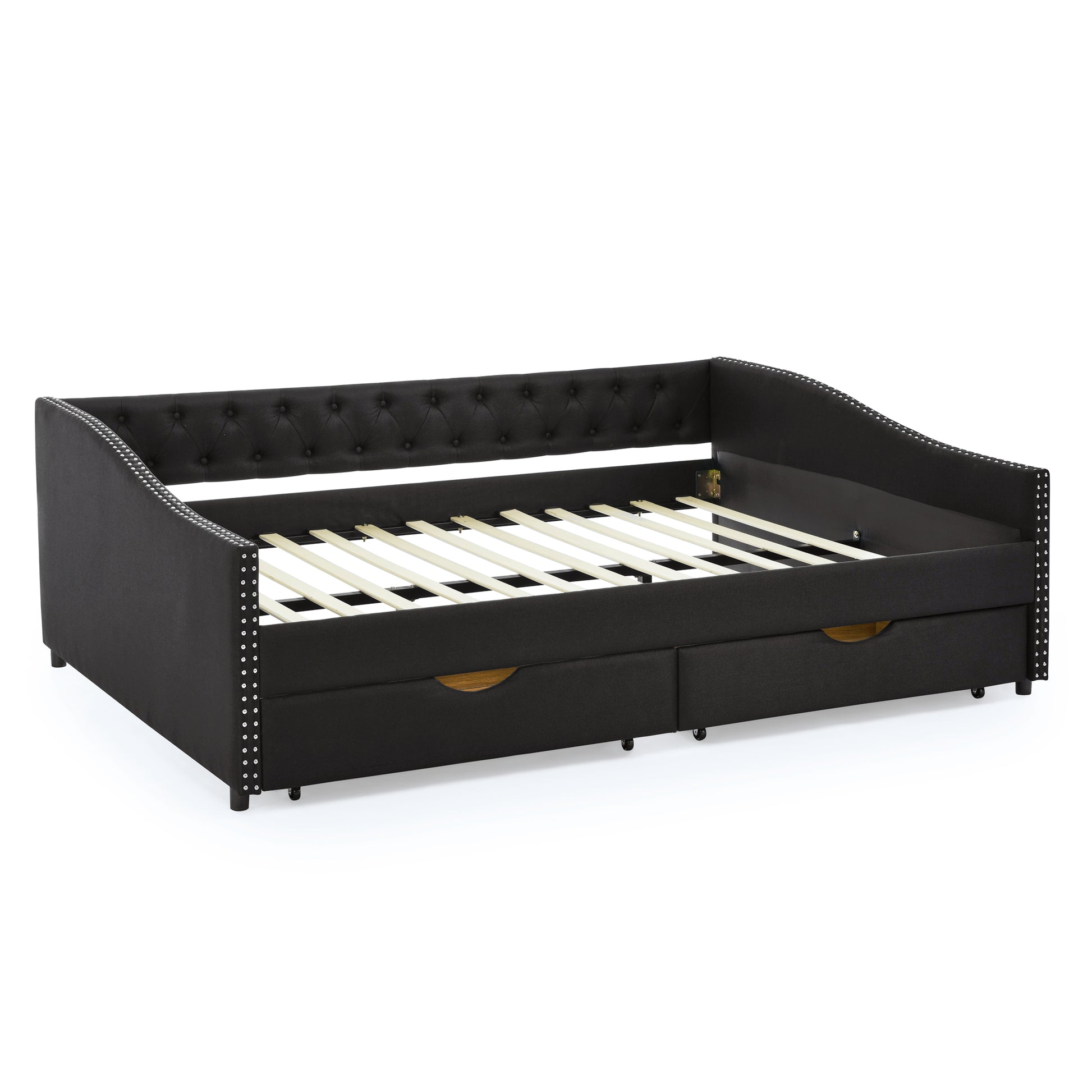 Queen Size Daybed With Drawers Upholstered Tufted Sofa Bed,With Button On Back And Copper Nail On Waved Shape Arms 84.5"X63.5"X26.5" Black Linen