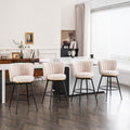 Set Of 2 Beige Swivel Bar Stools High Back, Adjustable, Upholstered With Elegant Metal Back Accents For Kitchen, Bar, Or Dining Room Beige Metal