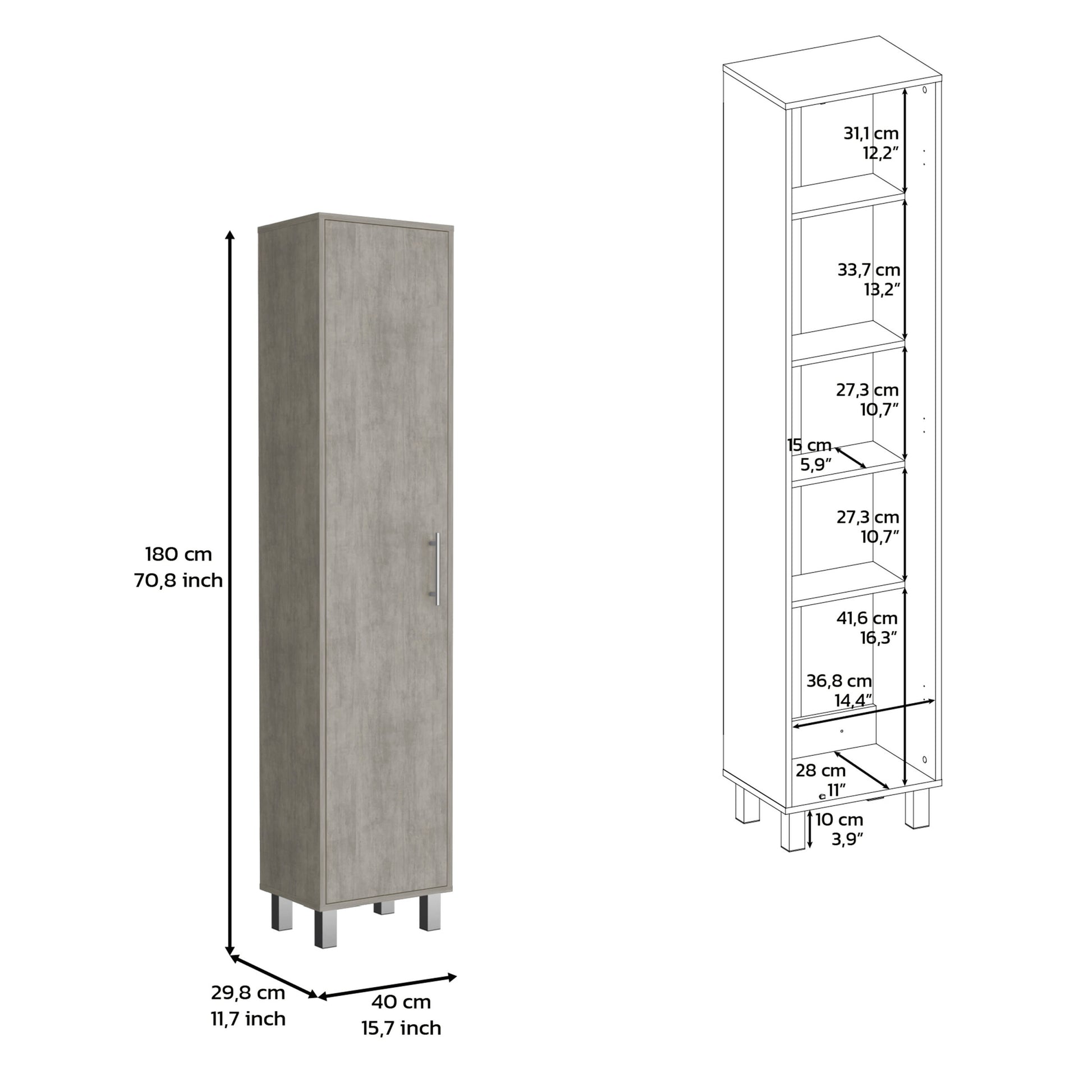 70.8H" Tall Narrow Storage Cabinet With 5 Tier Shelf, 3 Broom Hangers And Metal Hardware, Concrete Gray Gray Particle Board Pine