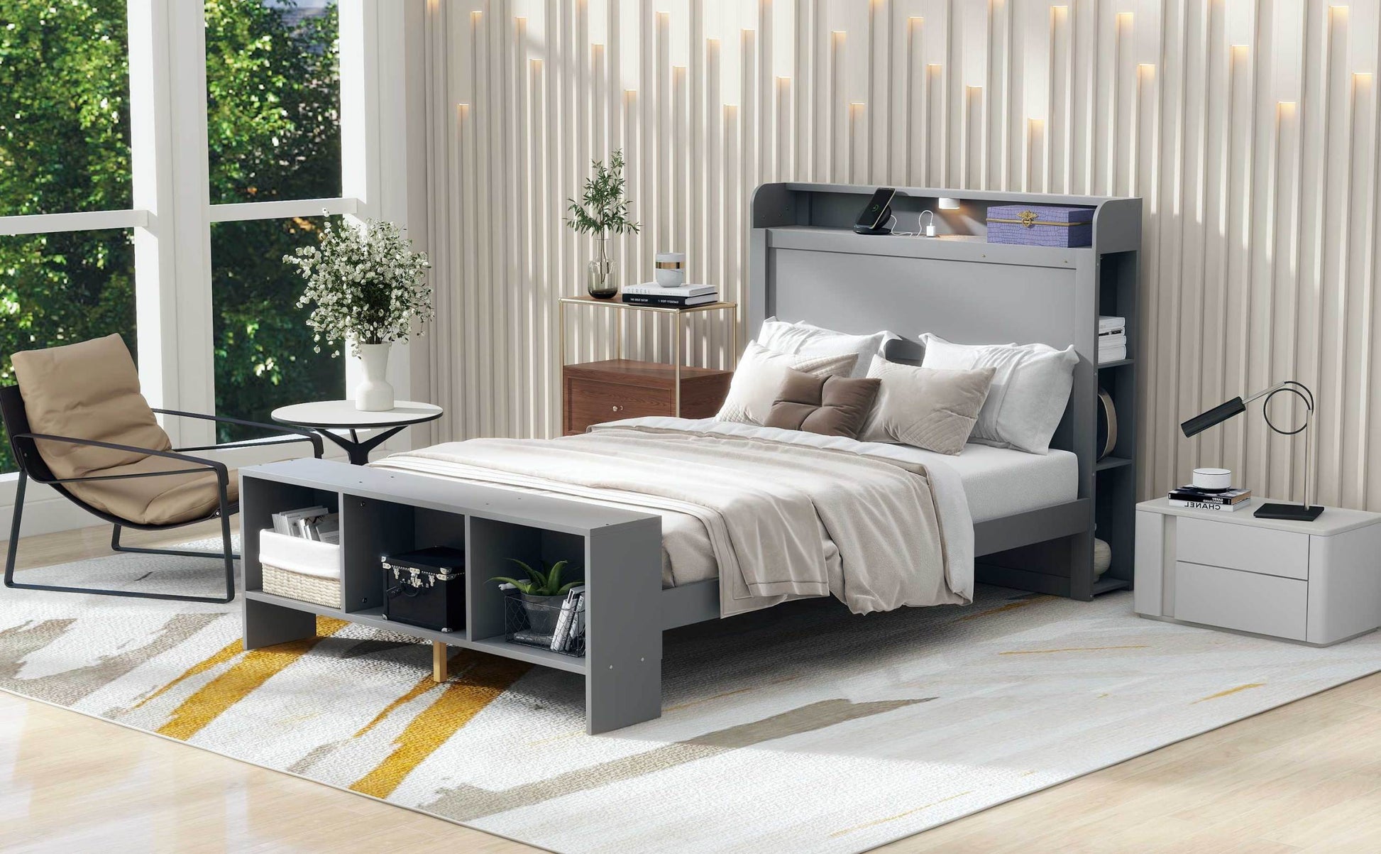 Full Size Platform Bed With Built In Shelves, Led Light And Usb Ports, Gray Gray Mdf Lvl