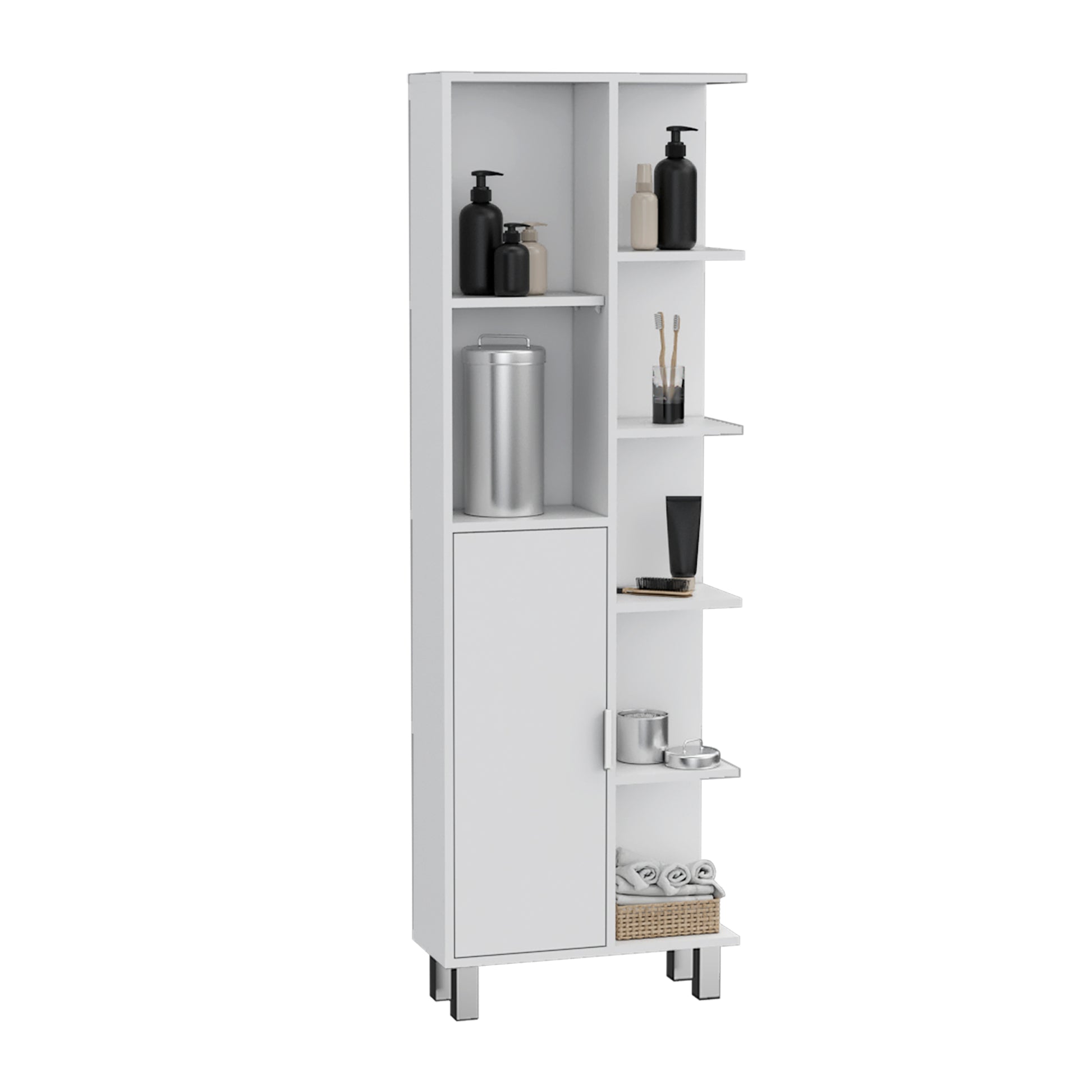 Depot E Shop Mott 63" H Linen Bathroom Cabinet With Seven Open Shelves, One Drawer And Four Legs,White White Particle Board Pine