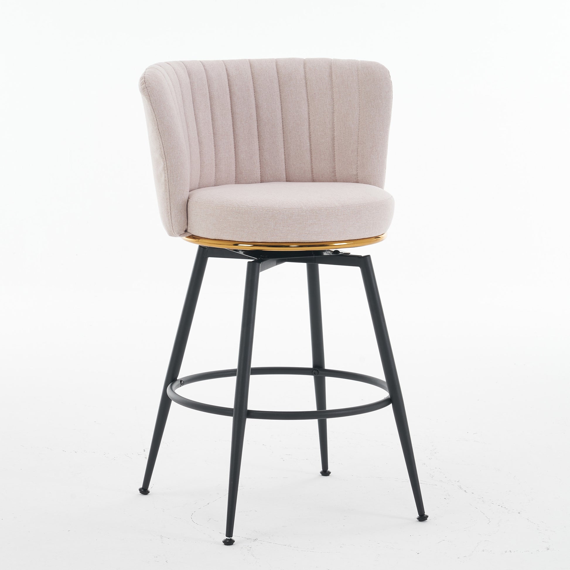 Set Of 2 Beige Swivel Bar Stools High Back, Adjustable, Upholstered With Elegant Metal Back Accents For Kitchen, Bar, Or Dining Room Beige Metal
