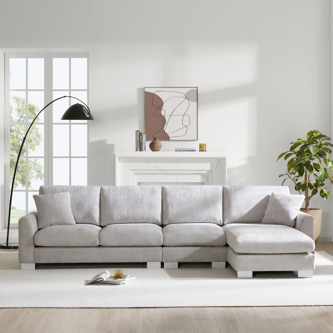 119*55" Modern Oversized Sectional Sofa,L Shaped Luxury Couch Set With 2 Free Pillows,5 Seat Chenille Indoor Furniture With Chaise For Living Room,Apartment,Office,2 Colors Light Gray Chenille 5 Seat