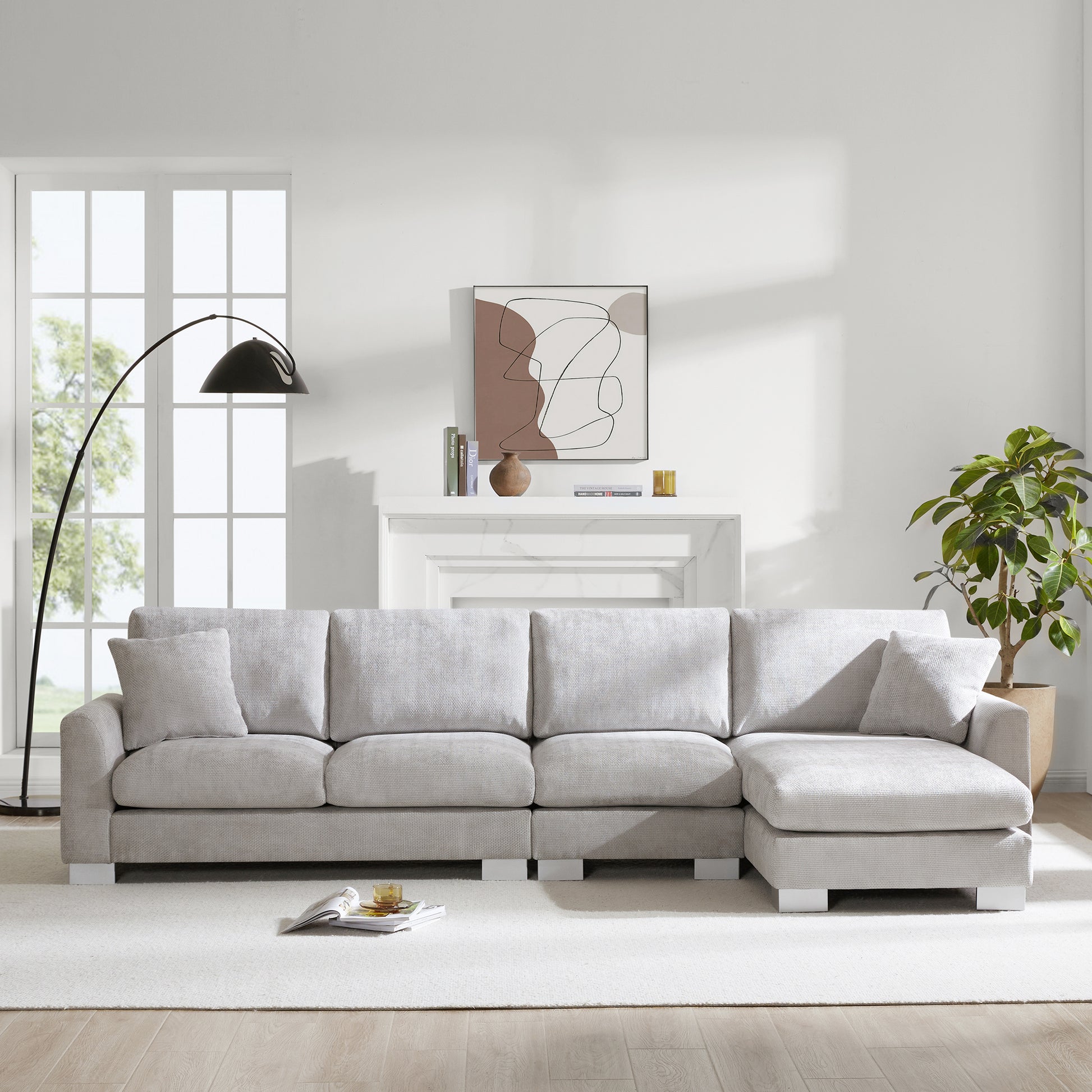 119*55" Modern Oversized Sectional Sofa,L Shaped Luxury Couch Set With 2 Free Pillows,5 Seat Chenille Indoor Furniture With Chaise For Living Room,Apartment,Office,2 Colors Light Gray Chenille 5 Seat
