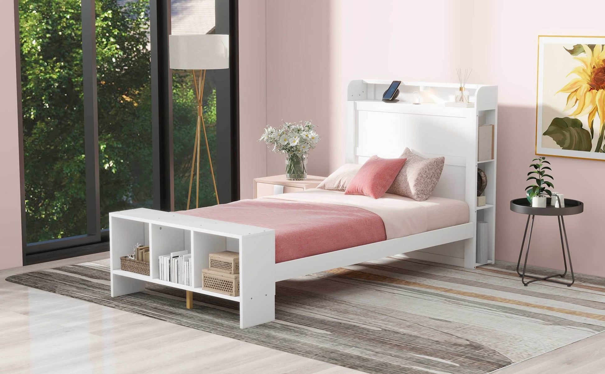 Twin Size Platform Bed With Built In Shelves, Led Light And Usb Ports, White White Mdf Lvl