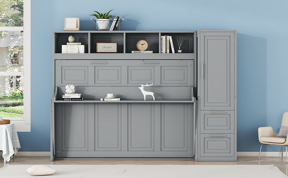 Full Size Murphy Bed Wall Bed With Closet And Drawers,Gray Gray Mdf Lvl