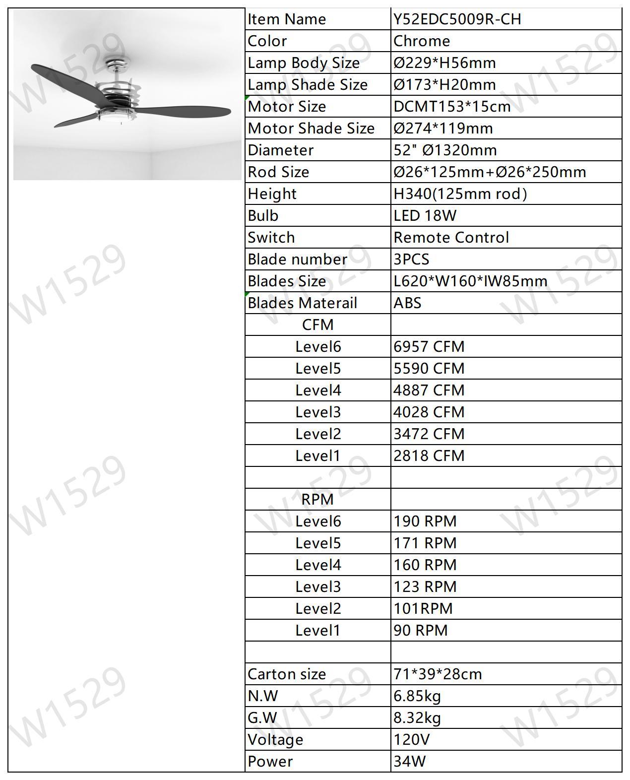 52'' Abs Blades Ceiling Fan With Lights And Remote 6 Speeds Adjustable Dc Motor Modern Ceiling Fan With 3 Abs Fan Blades & 2 Down Rods, Indoor Ceiling Fan With Light For Home Use Chrome American Design Abs Metal