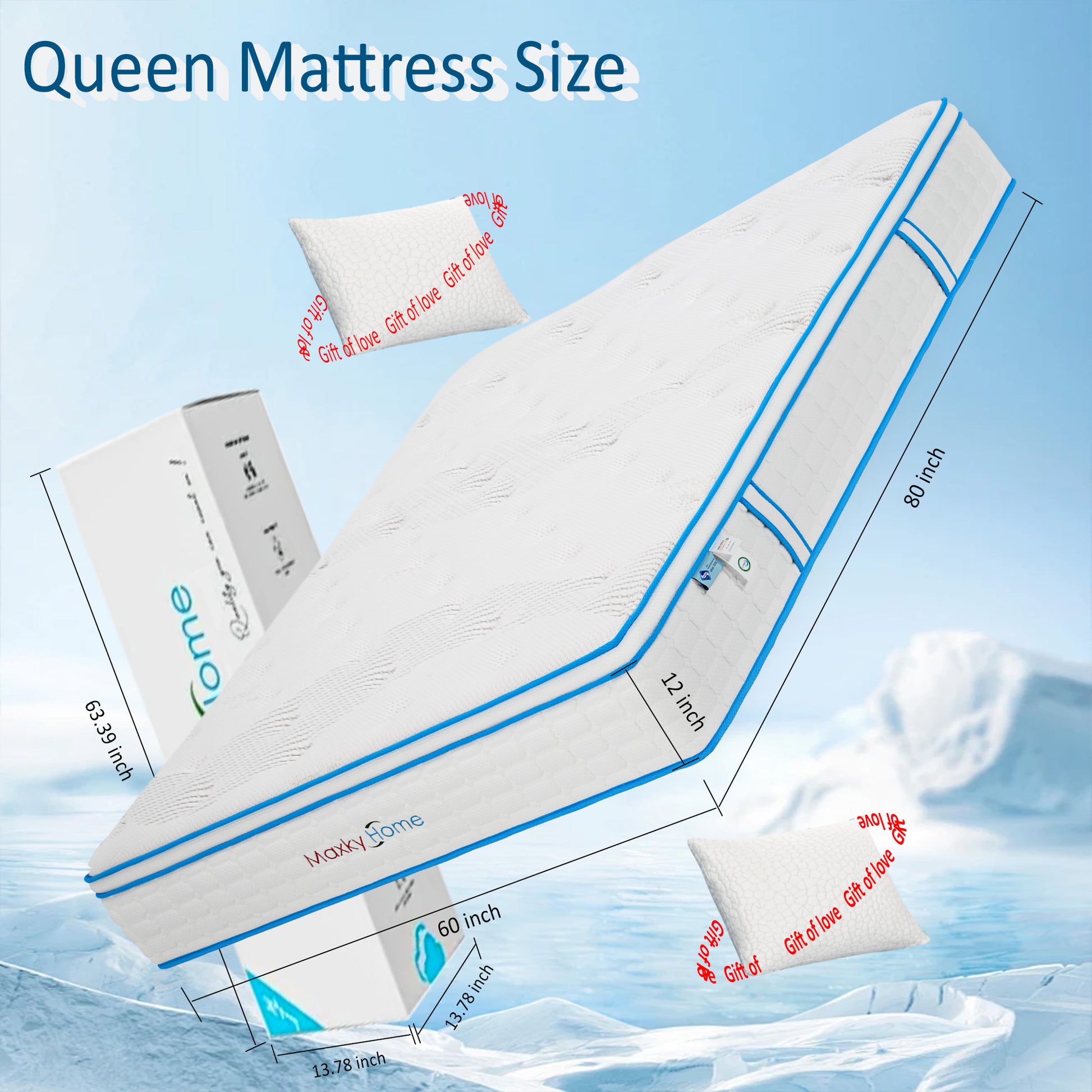 12 Inch Queen Mattress With Pillows, Gel Memory Foam Mattress Bed In A Box, Twin Bed Mattress Individual Pocket Springs Motion Isolation, Medium Firm, Queen Box Spring Required Queen White Bedroom Luxury Open Frame Memory Foam Polyester Foam Spring