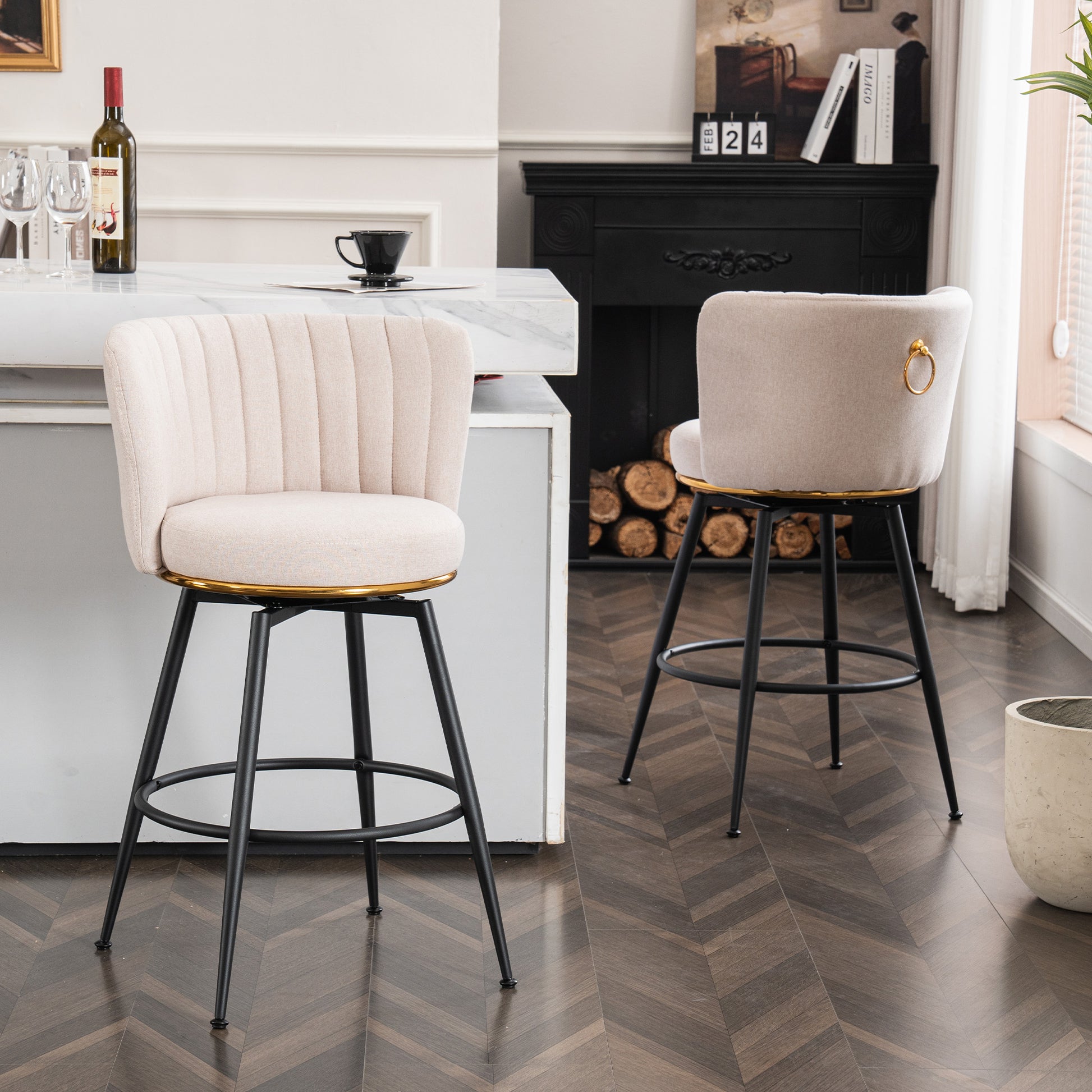 Set Of 2 Beige Swivel Bar Stools High Back, Adjustable, Upholstered With Elegant Metal Back Accents For Kitchen, Bar, Or Dining Room Beige Metal