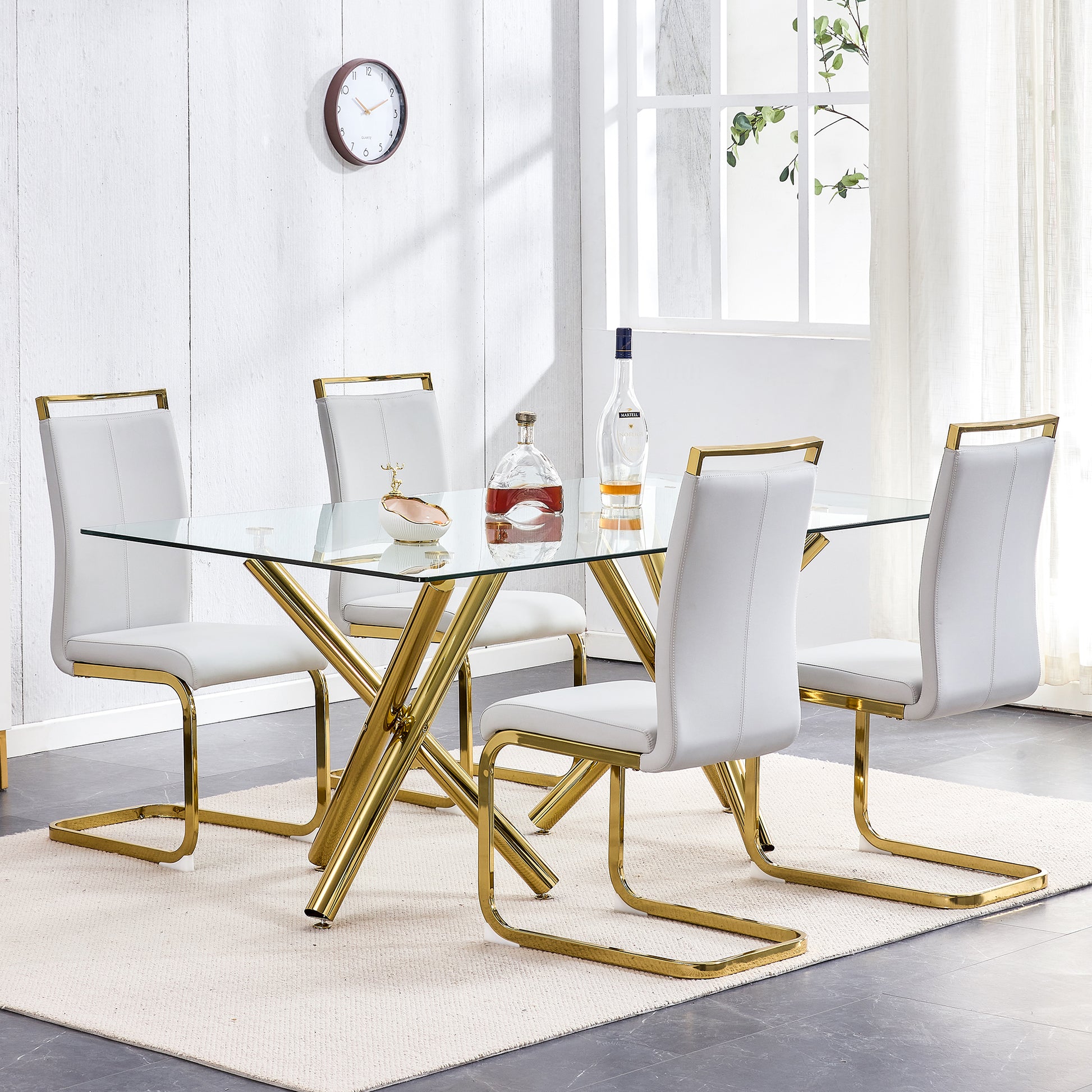 Large Modern Minimalist Rectangular Glass Dining Table For 6 8 With 0.39"Tempered Glass Tabletop And Golden Metal Legs,Kitchen Dining Living Meeting Room Banquet Hall, 71" X 35.4" X 30" 1538 Golden