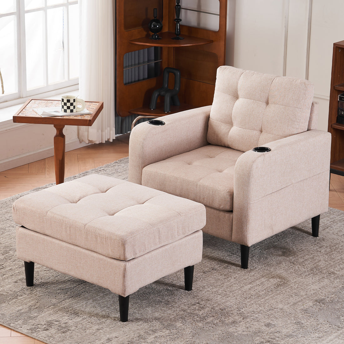 Beige Upholstered Armchair And Storage Ottoman Set Comfortable Single Sofa With Cup Holders And Tufted Detailing, Ideal For Living Room Or Bedroom Beige Metal