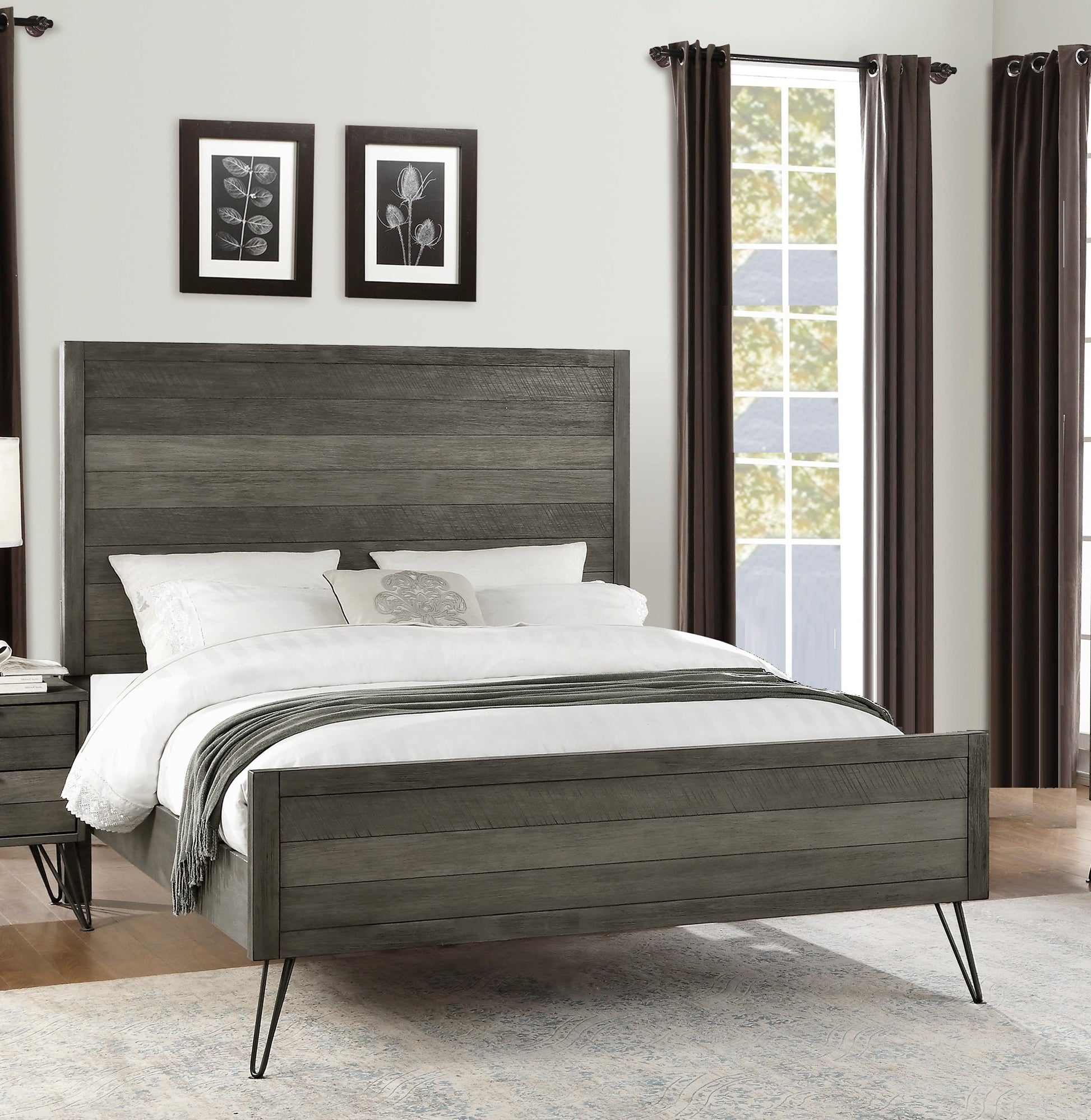 Unique Design 3 Tone Gray Finish 1Pc Eastern King Bed Metal Legs Horizontal Slat Design Headboard Footboard Bedroom Furniture Box Spring Required King Gray Wood Bedroom Bed Frame Wood