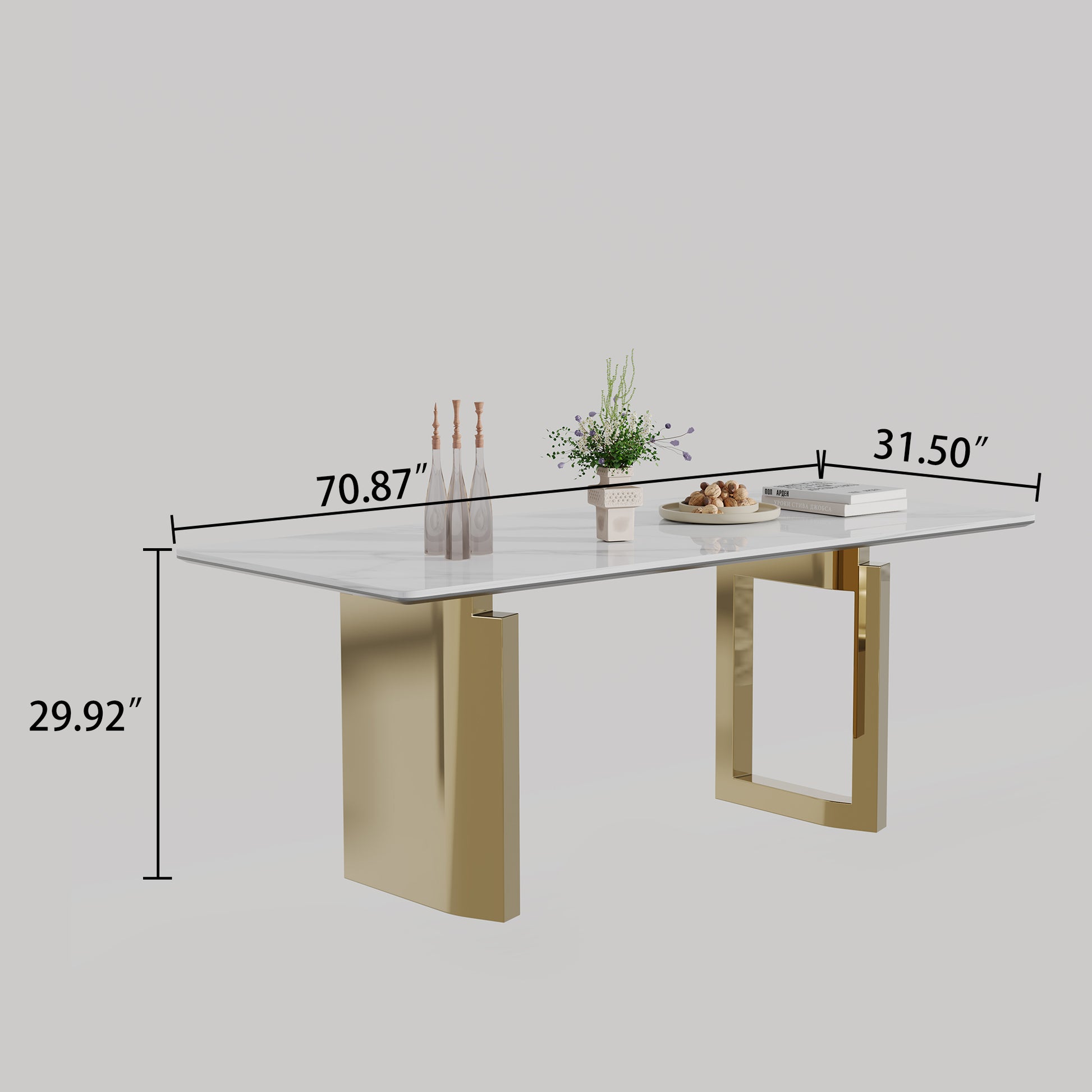 0.47" Thick Sintered Stone Composite Tempered Glass Top Rectangular Dining Table With Stainless Steel Base Gold Sintered Stone