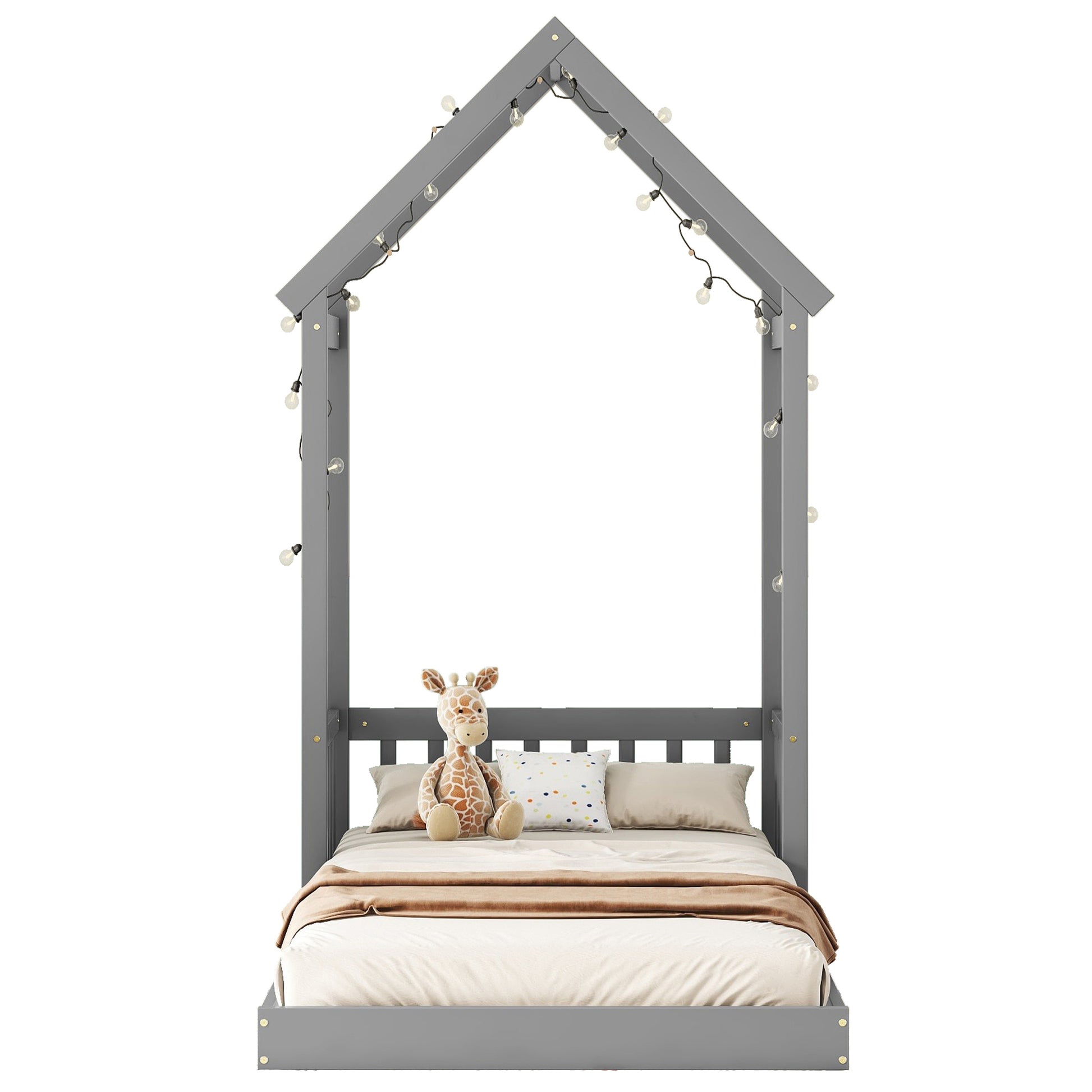 Twin House Shaped Roof Headboard Floor Bed, Without Slats ,Grey Twin Grey American Design Pine