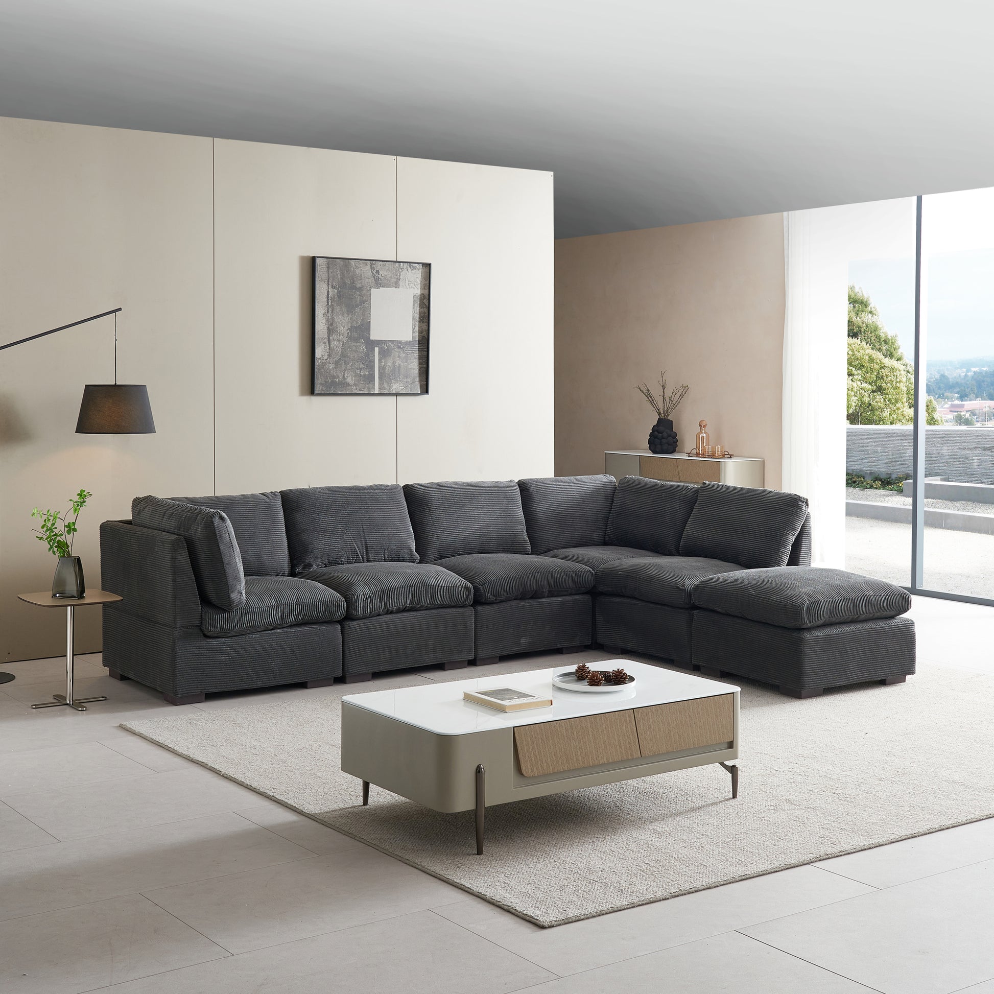 Convertible Modern Luxury Sectional Sofa Couch For Living Room Quality Corduroy Upholstery Modular Sofa Dark Grey Dark Grey Polyester Corduroy