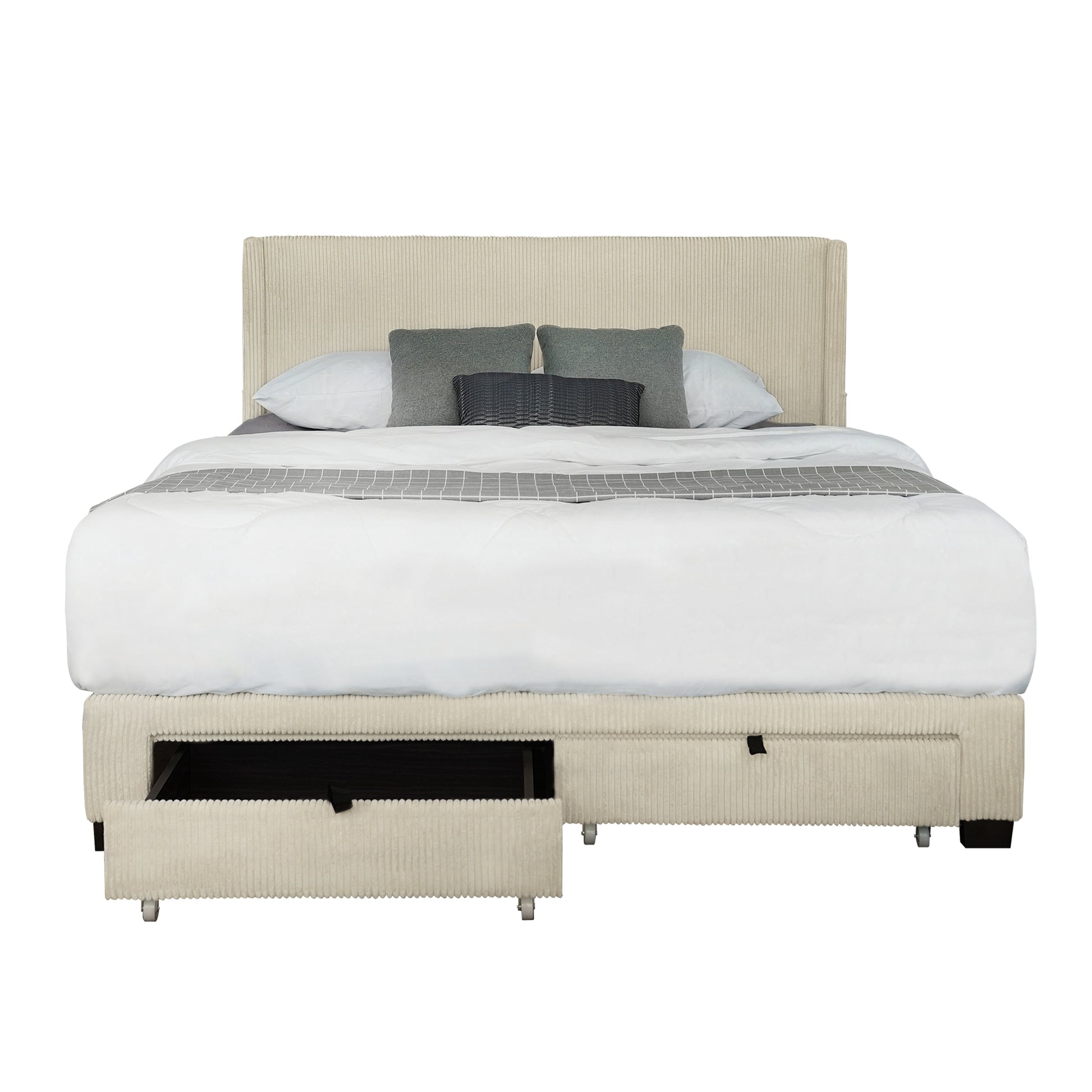 Corduroy Velvet Queen Footboard Drawer Storage Upholstered Wingback Bed No Box Spring Require Beige White Box Spring Not Required Queen Beige Wood Espresso Bedroom American Design,Casual,Contemporary,Cute,Modern Rubberwood Storage Included Fiber Foam And