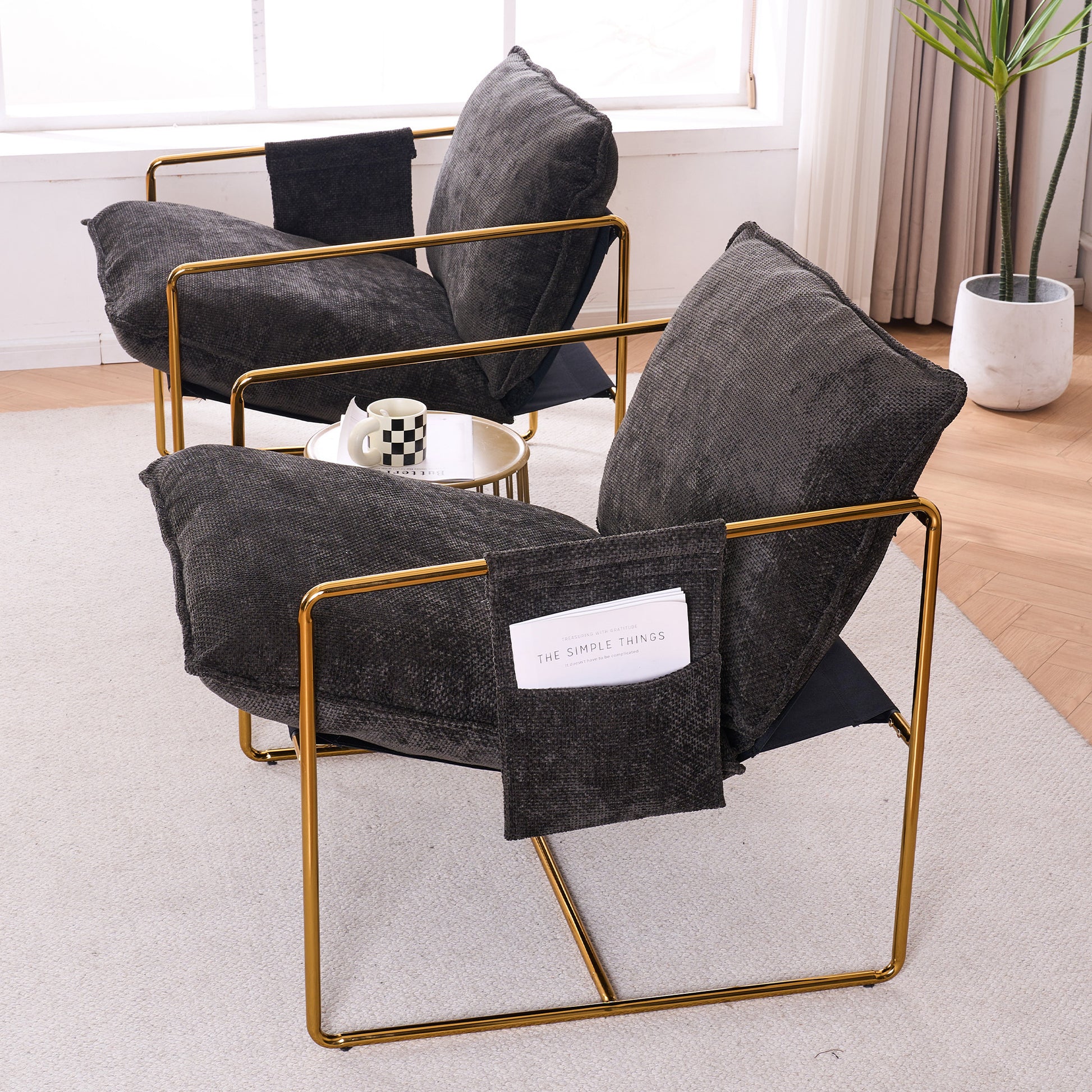 2 Chairs In 1 Box, Upholstered Hanging Armchair With Arm Pocketsmetal Frame, Gold Plated Craftsman, Crushed Foam Cushions And Skin Friendly Woven Fabric For Living Room And Bedroom. Dark Gray Dark Gray Metal