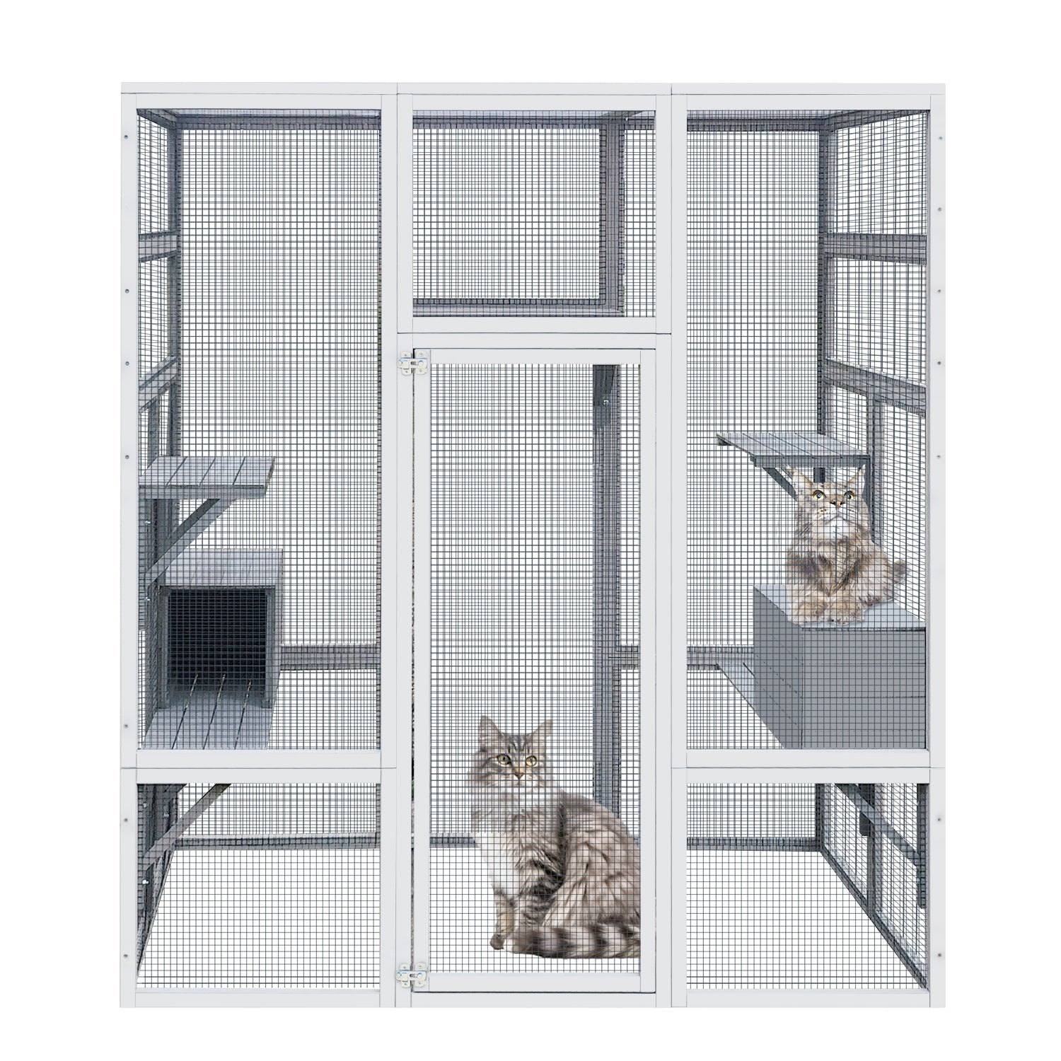 62.6" Wooden Cat House Large Catio, Solid Wood Cat Cage Shelter Enclosure Playpen With Anti Uv& Waterproof, 7 Platforms And 2 Resting Boxes Gray Wood