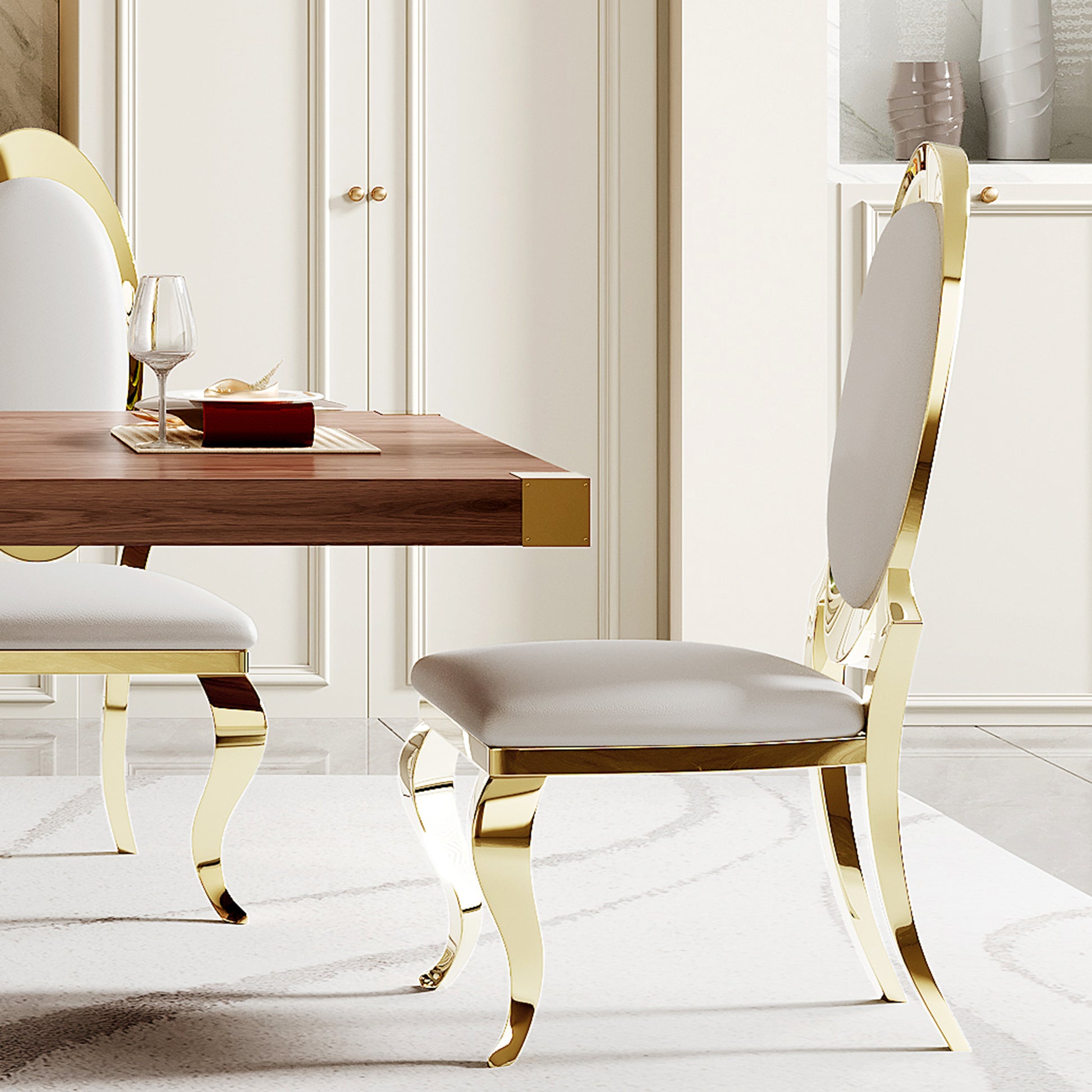 Mdf Top Dining Table With Gold Finish Corner, Mdf Pillar And Gold Finish Stainless Steel Base Walnut Brown Mdf