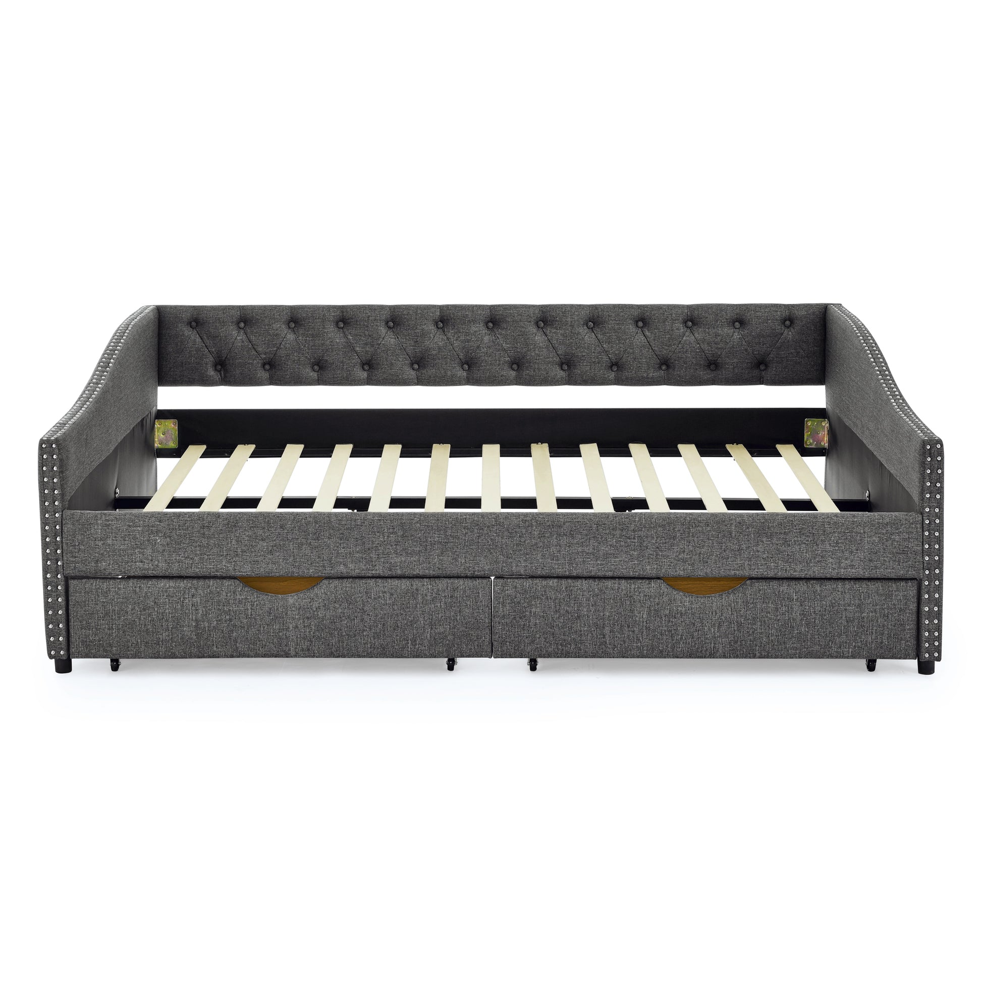 Queen Size Daybed With Drawers Upholstered Tufted Sofa Bed,With Button On Back And Copper Nail On Waved Shape Arms 84.5"X63.5"X26.5" Dark Grey Linen