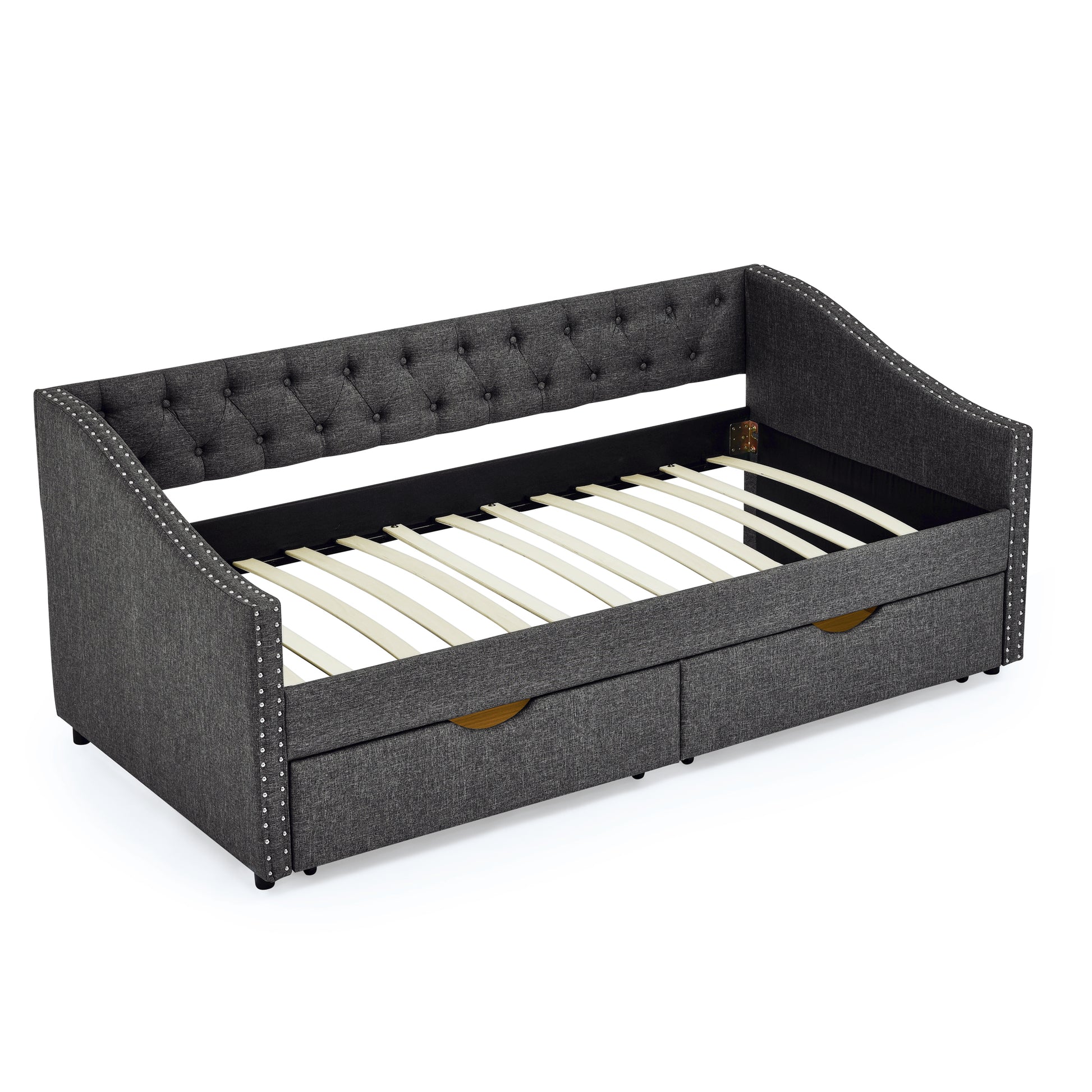 Twin Size Daybed With Drawers Upholstered Tufted Sofa Bed, With Button On Back And Copper Nail On Waved Shape Arms 81.5''X4''X30.5'' Dark Grey Linen