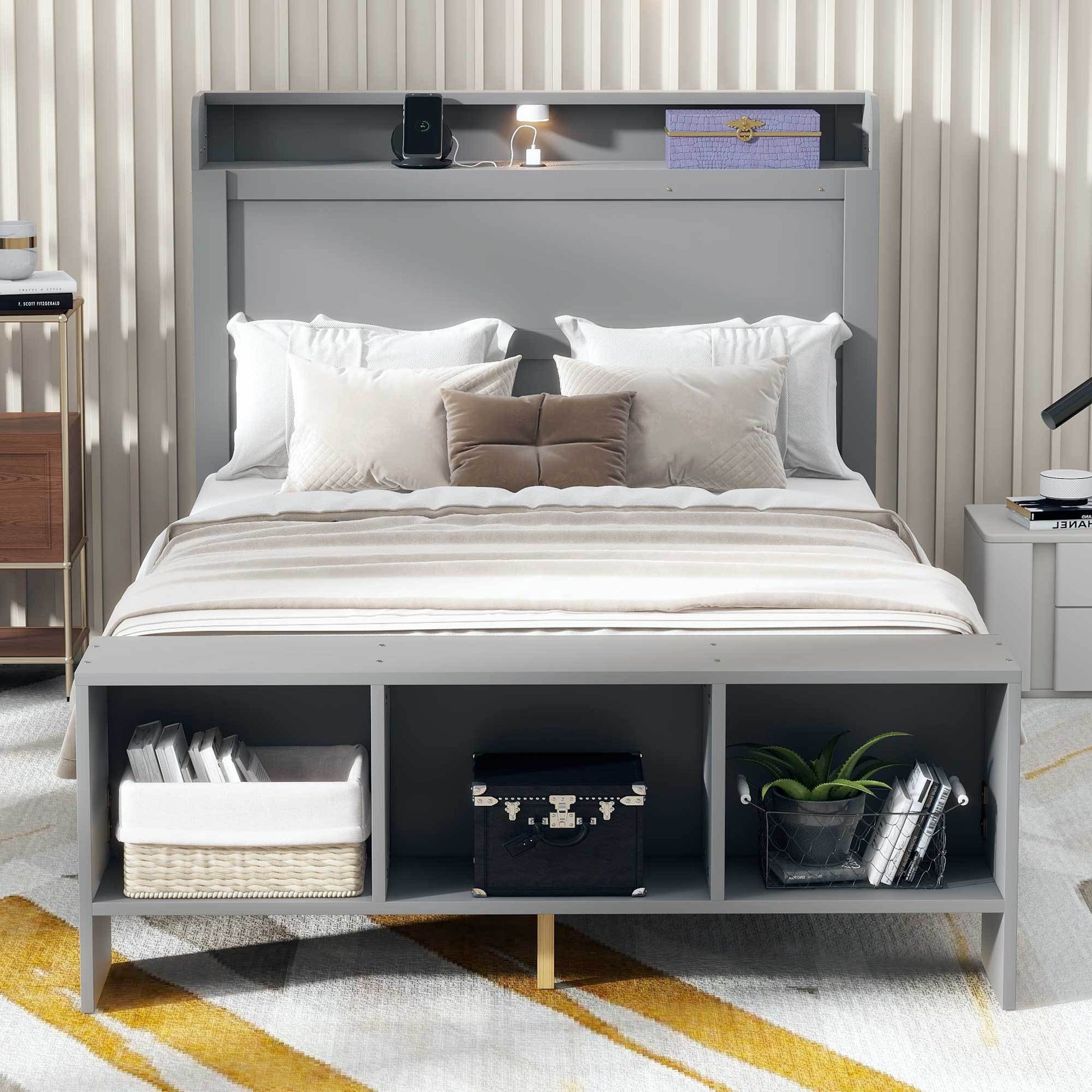 Full Size Platform Bed With Built In Shelves, Led Light And Usb Ports, Gray Gray Mdf Lvl