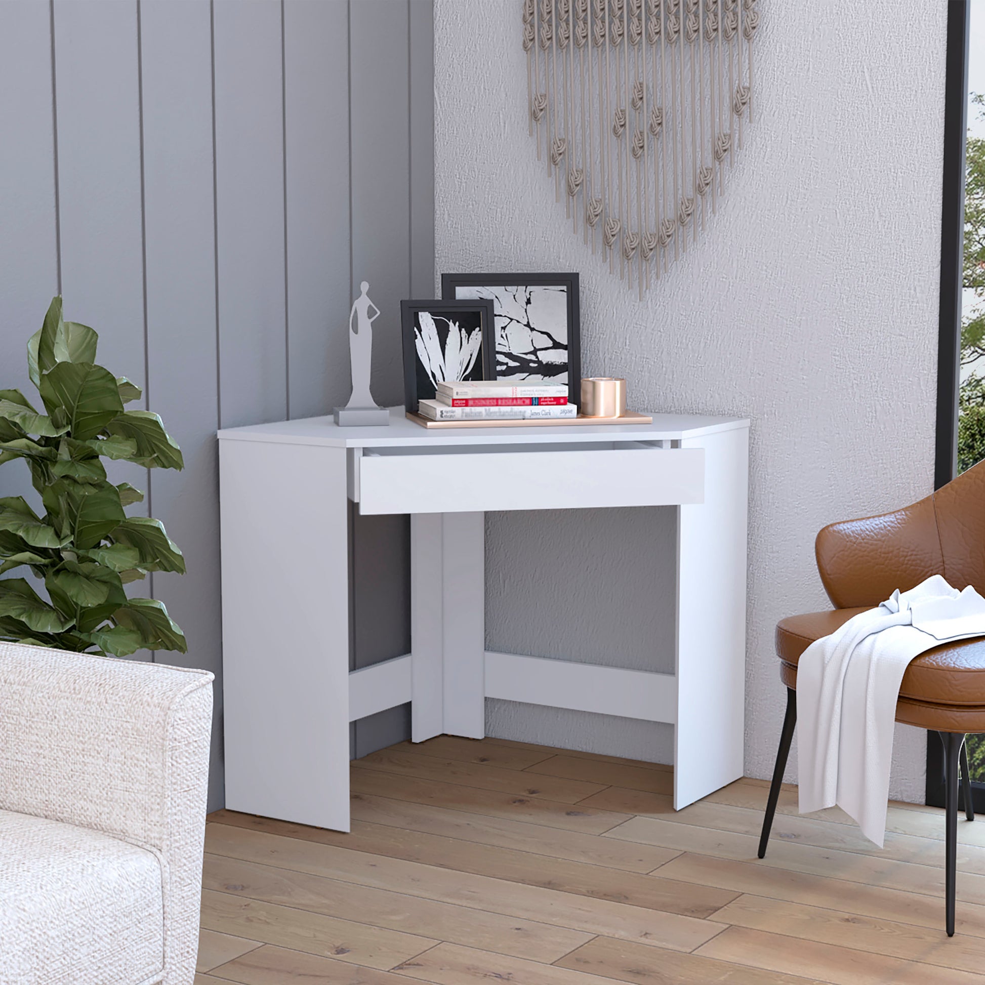 White Corner Desk With Compact Design And Drawer White Particle Board Pine