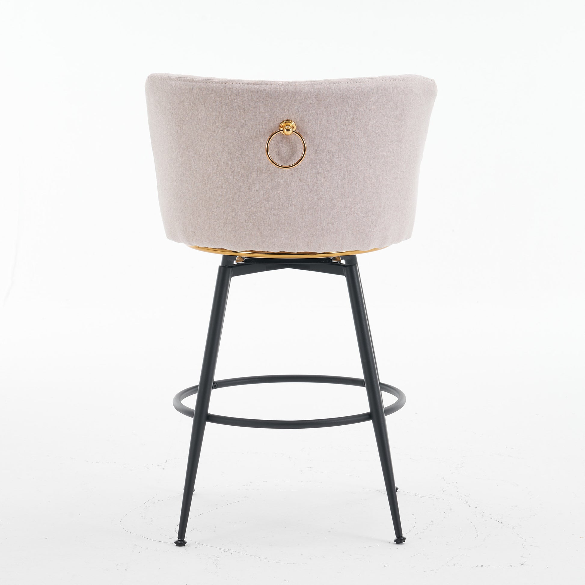 Set Of 2 Beige Swivel Bar Stools High Back, Adjustable, Upholstered With Elegant Metal Back Accents For Kitchen, Bar, Or Dining Room Beige Metal