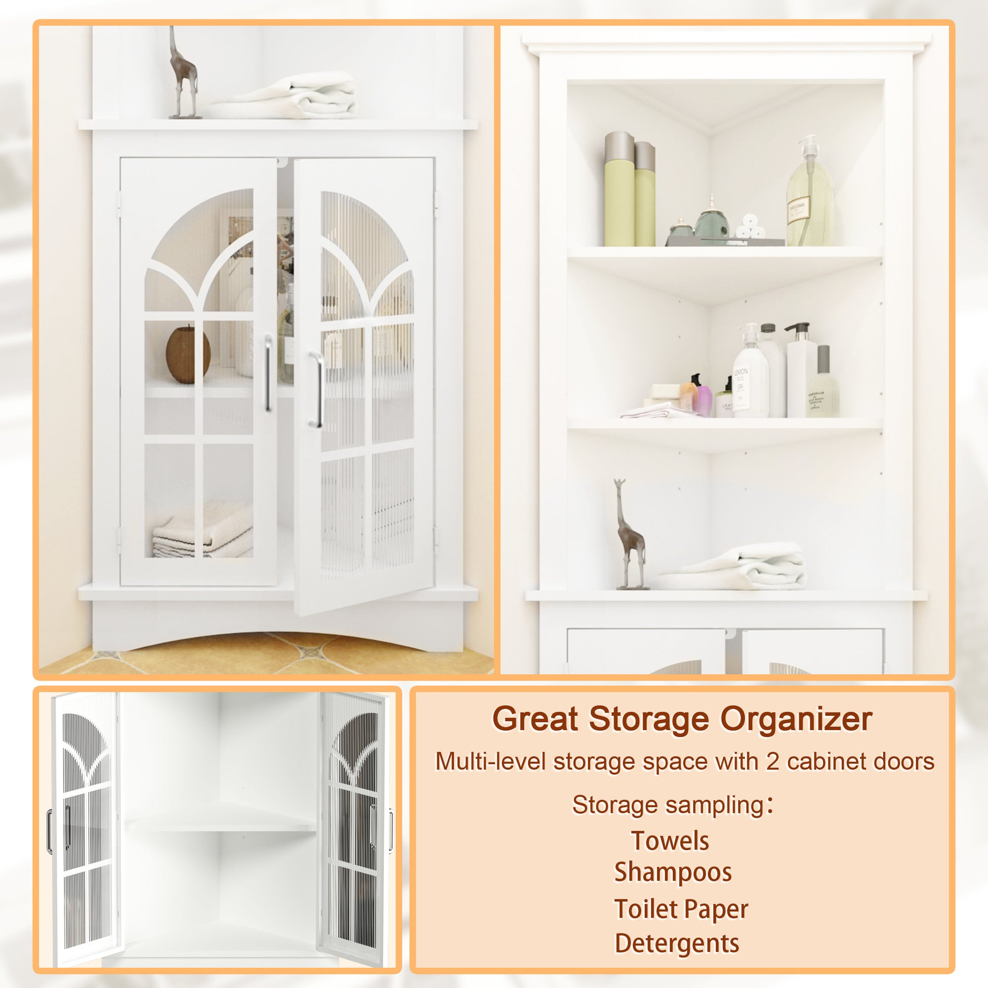 Corner Storage Cabinet, 63.3" Tall Freestanding Bookcase With Doors & Adjustable Shelves, 5 Tier Corner Display Cabinet For Living Room, Office, Dining Room, White White Adjustable Shelves Mdf Metal