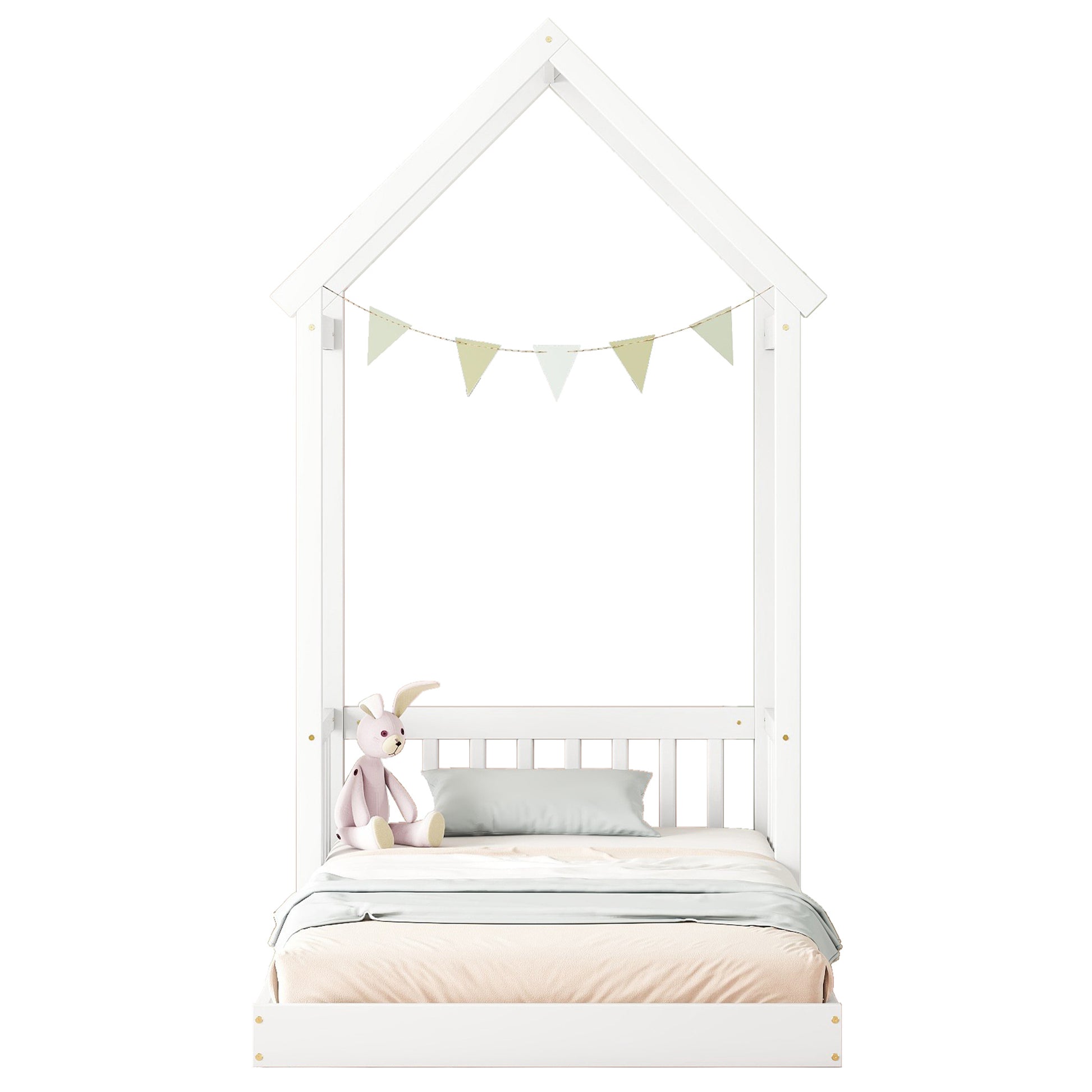 Twin House Shaped Roof Headboard Floor Bed, Without Slats ,White Twin White American Design Pine