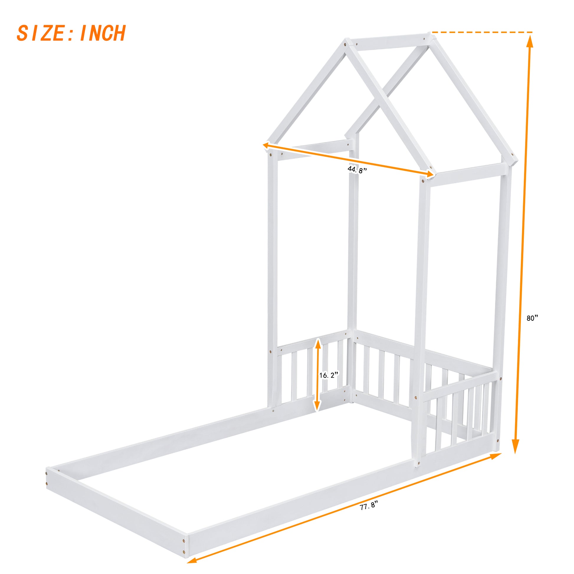 Twin House Shaped Roof Headboard Floor Bed, Without Slats ,White Twin White American Design Pine