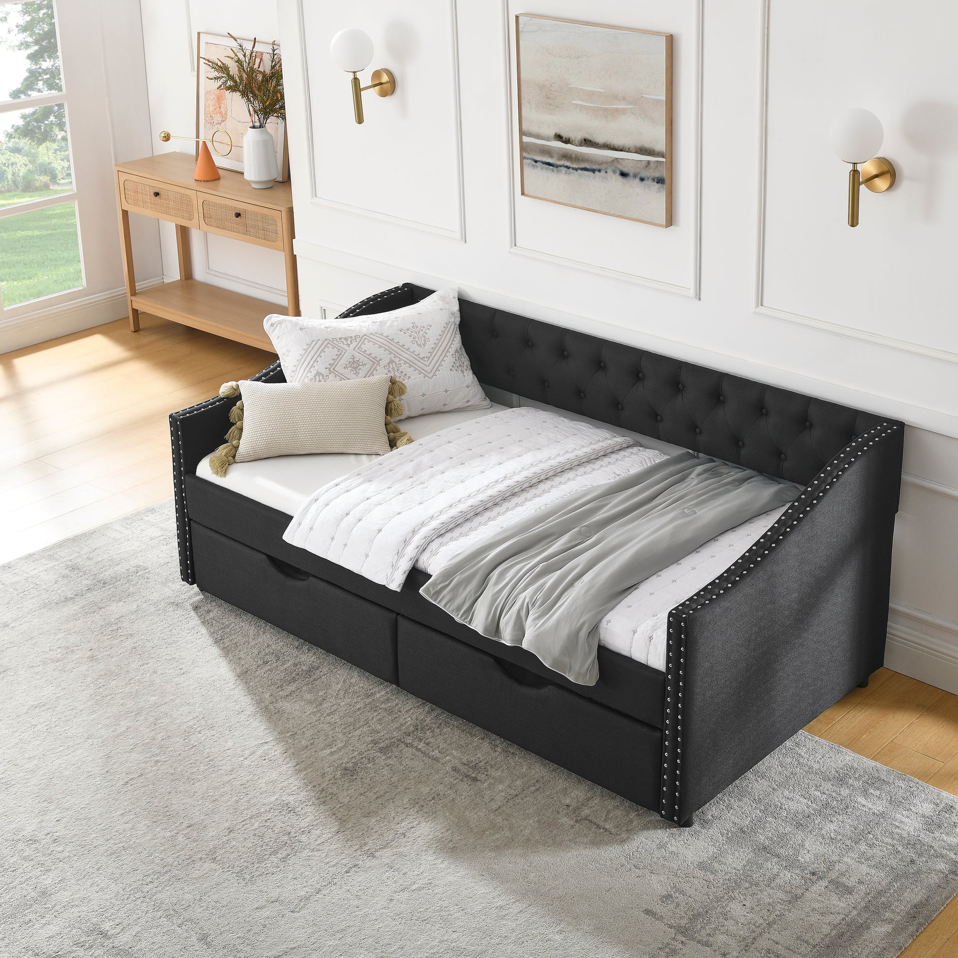 Twin Size Daybed With Drawers Upholstered Tufted Sofa Bed, With Button On Back And Copper Nail On Waved Shape Arms 81.5''X4''X30.5'' Black Linen